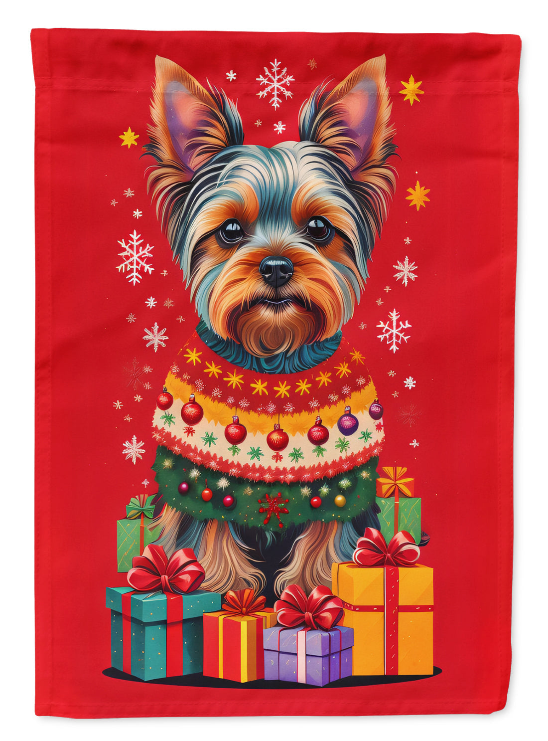 Yorkshire Terrier  Holiday Christmas House Flag 28x40 Porch Sleeve Pole Decorative Outside Yard Banner Artwork Wall Hanging, Polyester