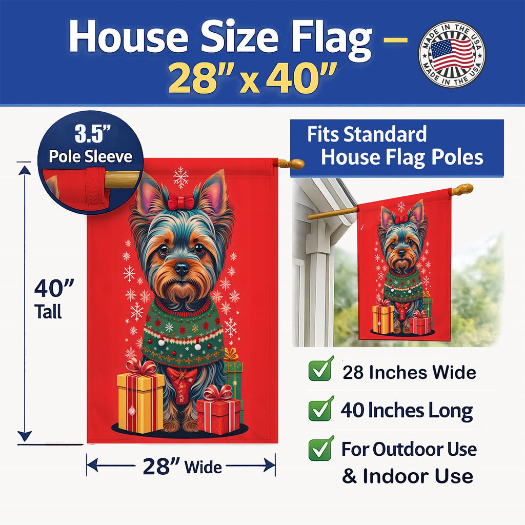 Yorkshire Terrier  Holiday Christmas House Flag 28x40 Porch Sleeve Pole Decorative Outside Yard Banner Artwork Wall Hanging, Polyester