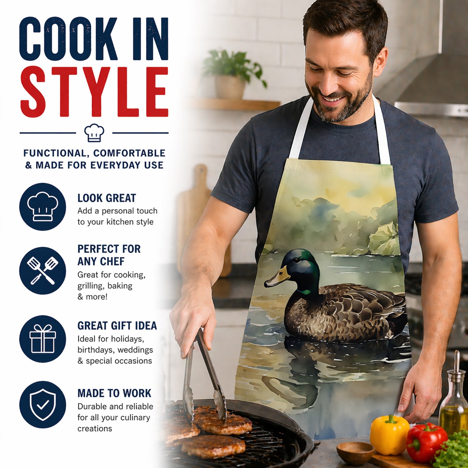 Mallard Duck Swimming Lake Apron Cooking Kitchen Server Baking Crafts Gardening for Adult Women Men, Unisex, Large, Multicolor
