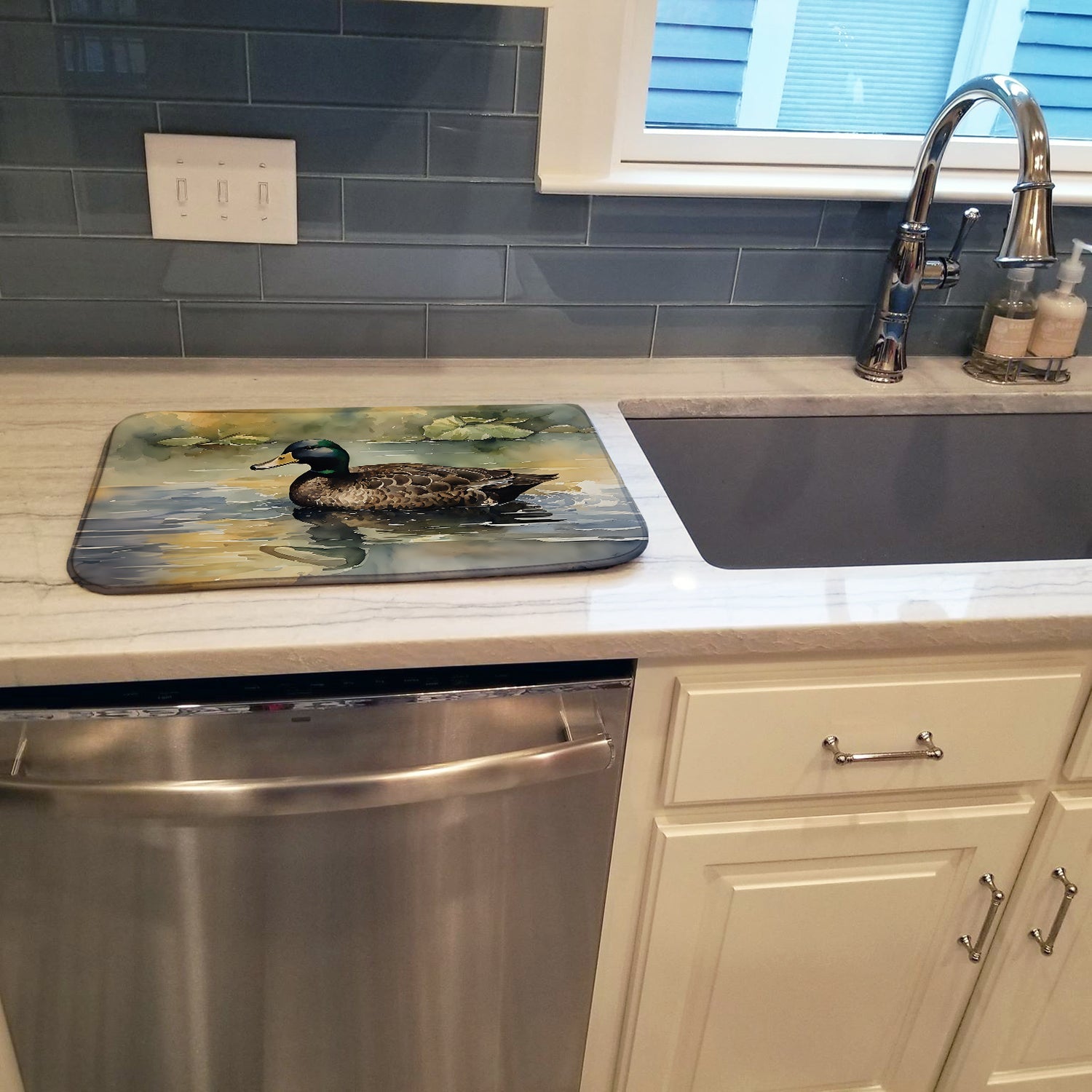 Mallard Duck Swimming Lake Dish Drying Mat Absorbent Dish Drying Mat Pad for Kitchen Counter Dish Drainer Mat for Countertop, 14 x 21", Multicolor