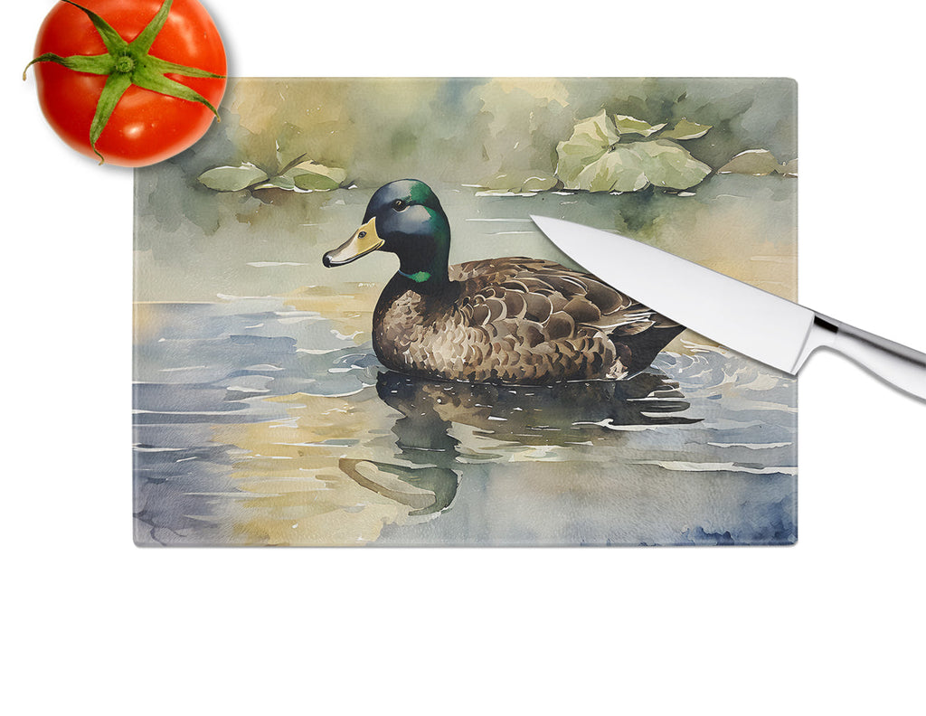 Mallard Duck Swimming Lake Cutting Board Tempered Glass Kitchen Cutting Surface, Heat Resistant Chopping, Non-Slip Feet, Food Prep & Serving
