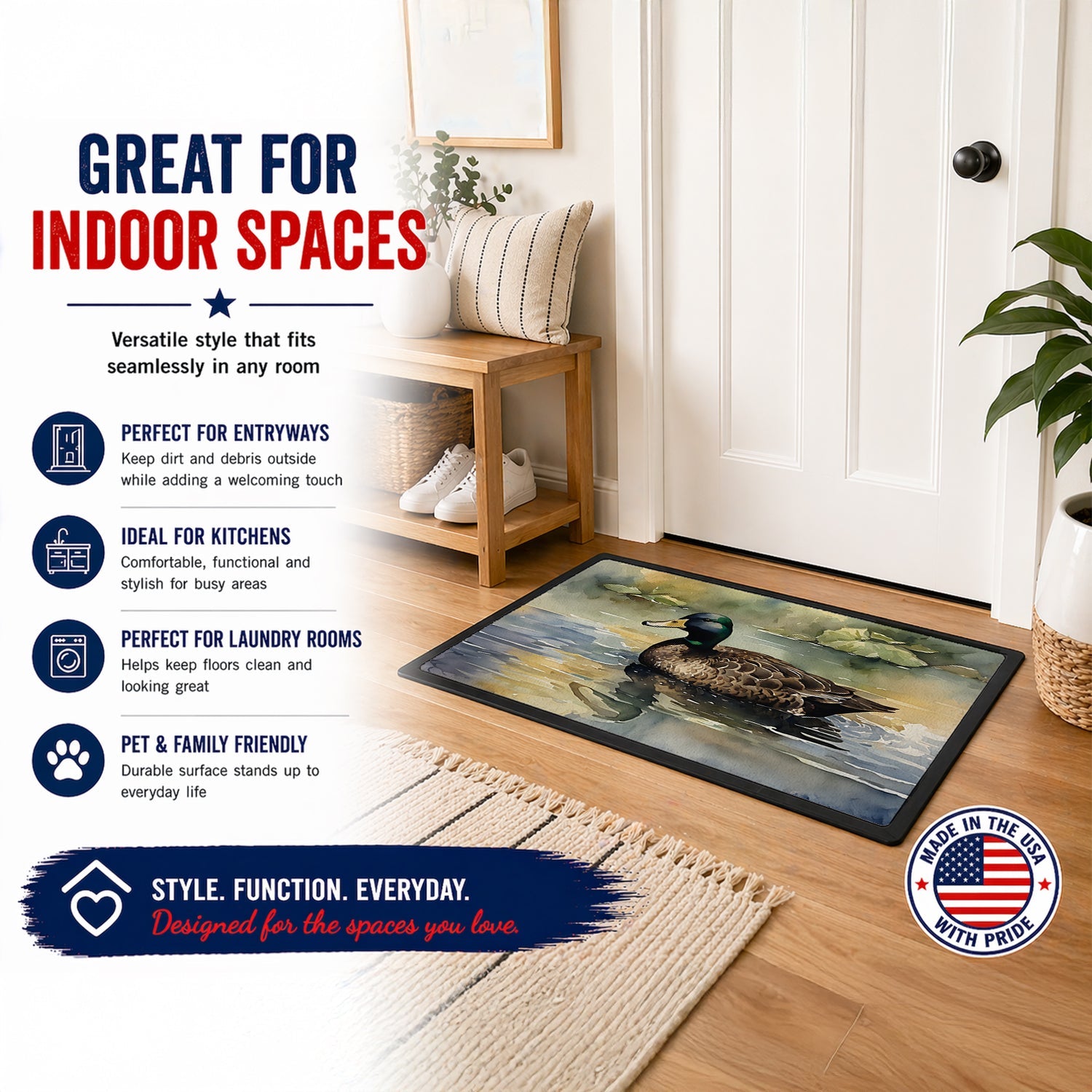 Mallard Duck Swimming Lake Doormat Indoor Outdoor 18H X 27W Front Door Mat Rugs for Entryway, Non Slip Washable