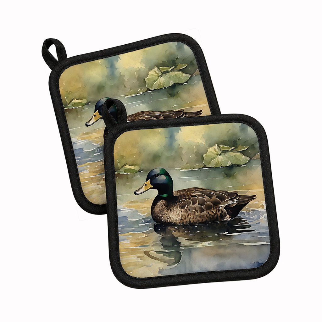 Mallard Duck Swimming Lake Pot Holder Set of 2 Heat Resistant Quilted Hot Pads 7.5 x 7.5 Inch, Insulated Kitchen Trivets for Cooking & Baking