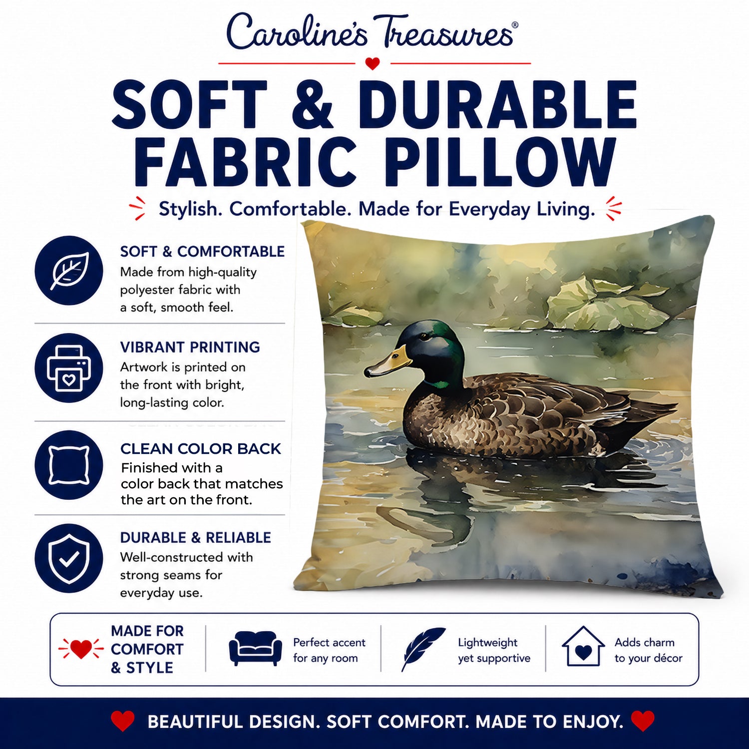 Mallard Duck Swimming Lake Decorative Throw Pillow 14x14 Indoor Outdoor Accent Cushion, Fabric Cover with Insert for Sofa, Bed, Porch & Living Room