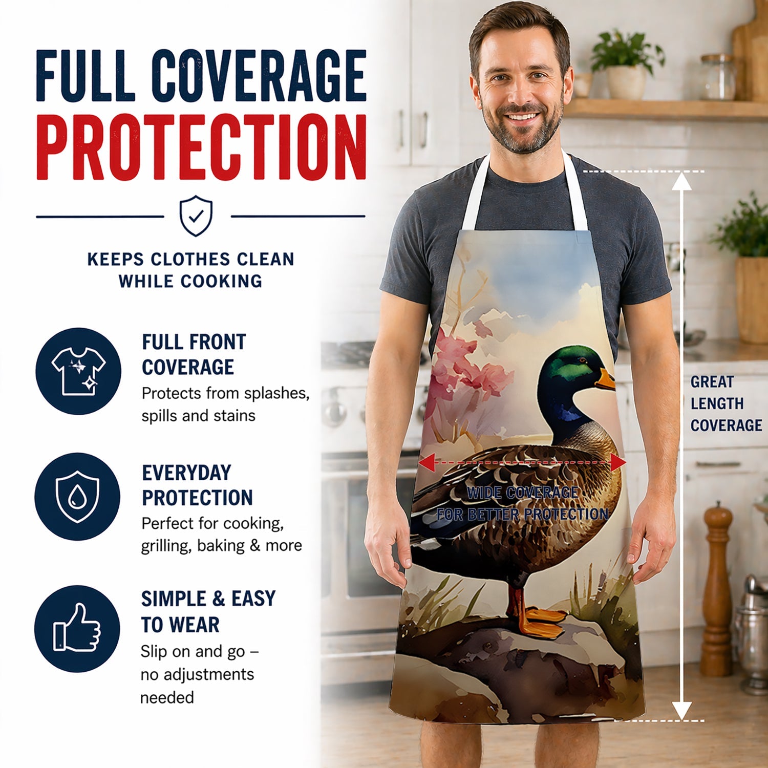 Mallard Duck Standing Lakeside Apron Cooking Kitchen Server Baking Crafts Gardening for Adult Women Men, Unisex, Large, Multicolor
