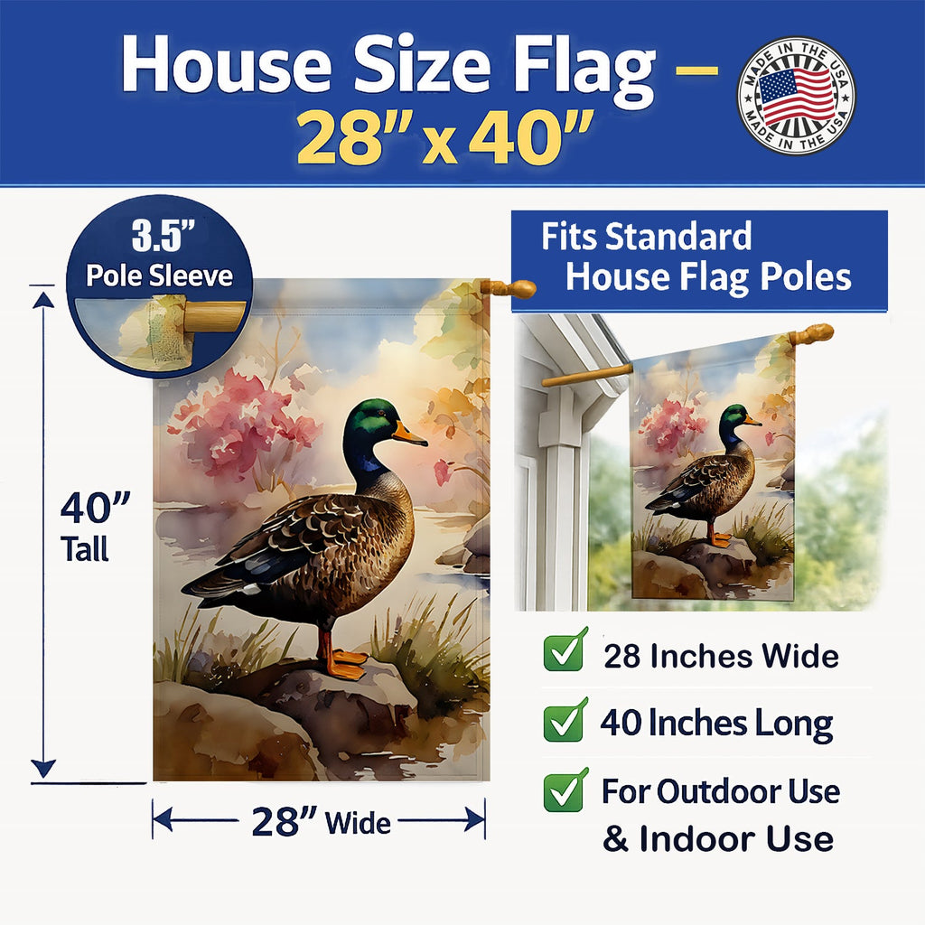 Mallard Duck Standing Lakeside House Flag 28x40 Porch Sleeve Pole Decorative Outside Yard Banner Artwork Wall Hanging, Polyester