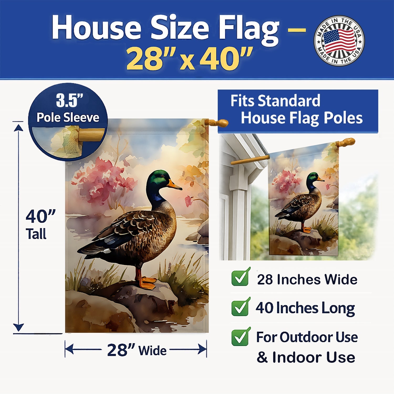 Mallard Duck Standing Lakeside House Flag 28x40 Porch Sleeve Pole Decorative Outside Yard Banner Artwork Wall Hanging, Polyester