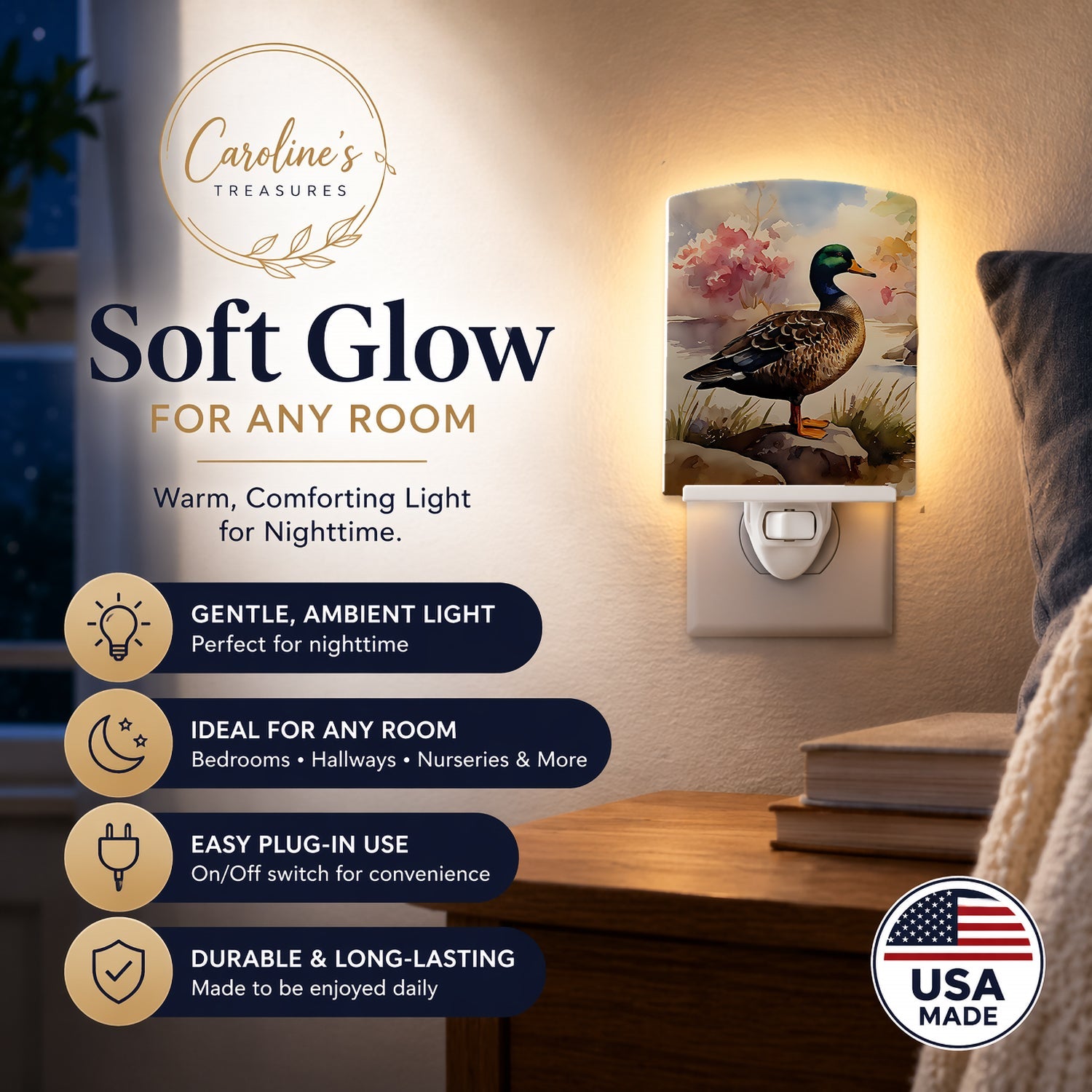 Mallard Duck Standing Lakeside Ceramic Night Light Compact, UL-Certified, Ideal for Bedroom, Bathroom, Nursery, Hallway, Kitchen, 6x4x3, Multicolor