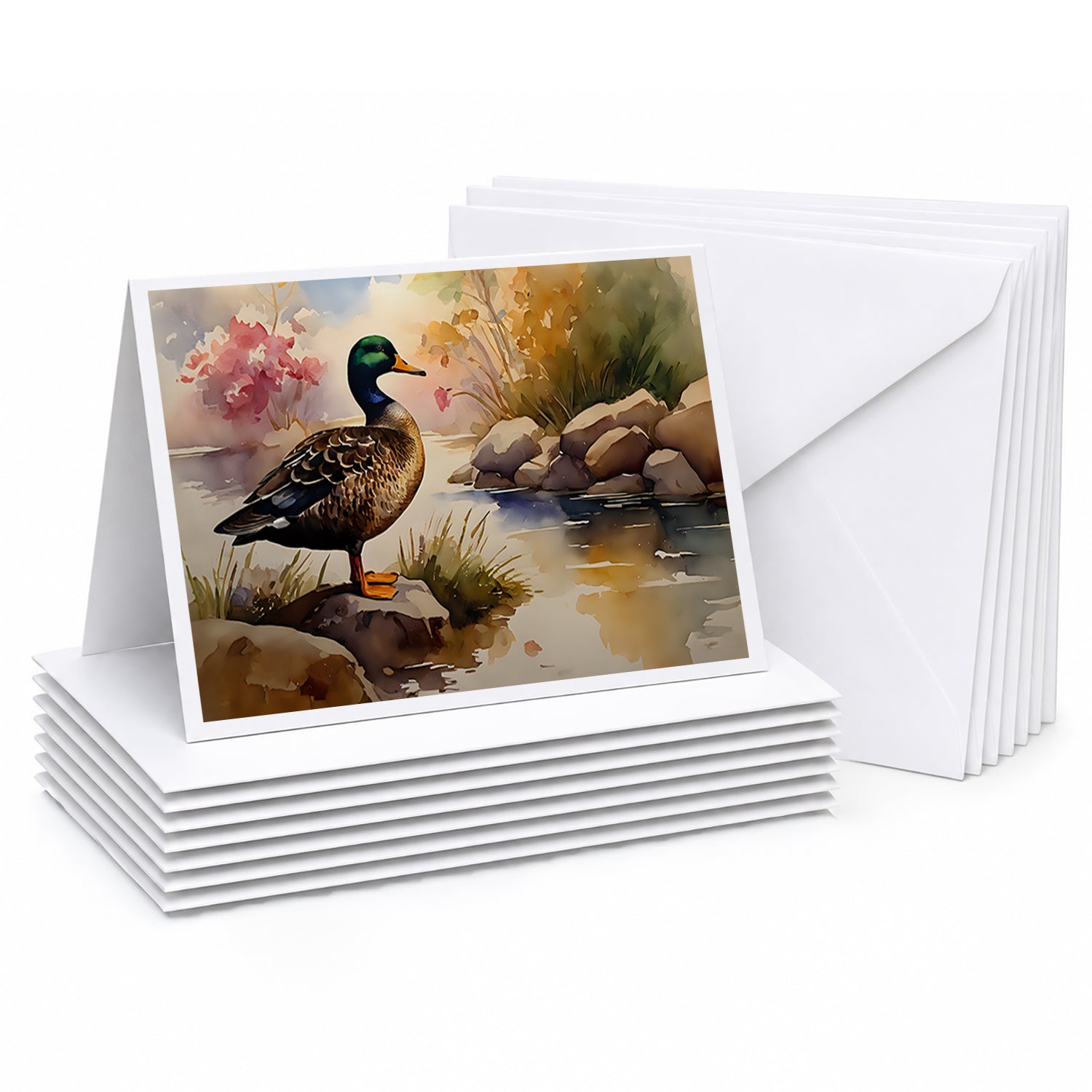 Mallard Duck Standing Lakeside Greeting Cards Pack of 8 Blank Cards with Envelopes Whimsical A7 Size 5x7