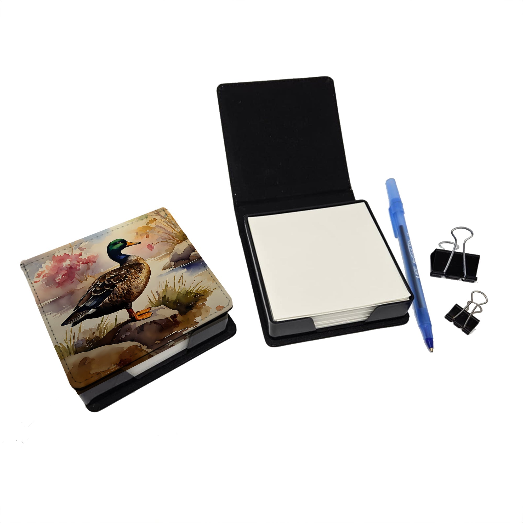 Mallard Duck Standing Lakeside PU Leather Note Paper Holder with Artist-Designed Cover, Desk Accessory, Office Gift