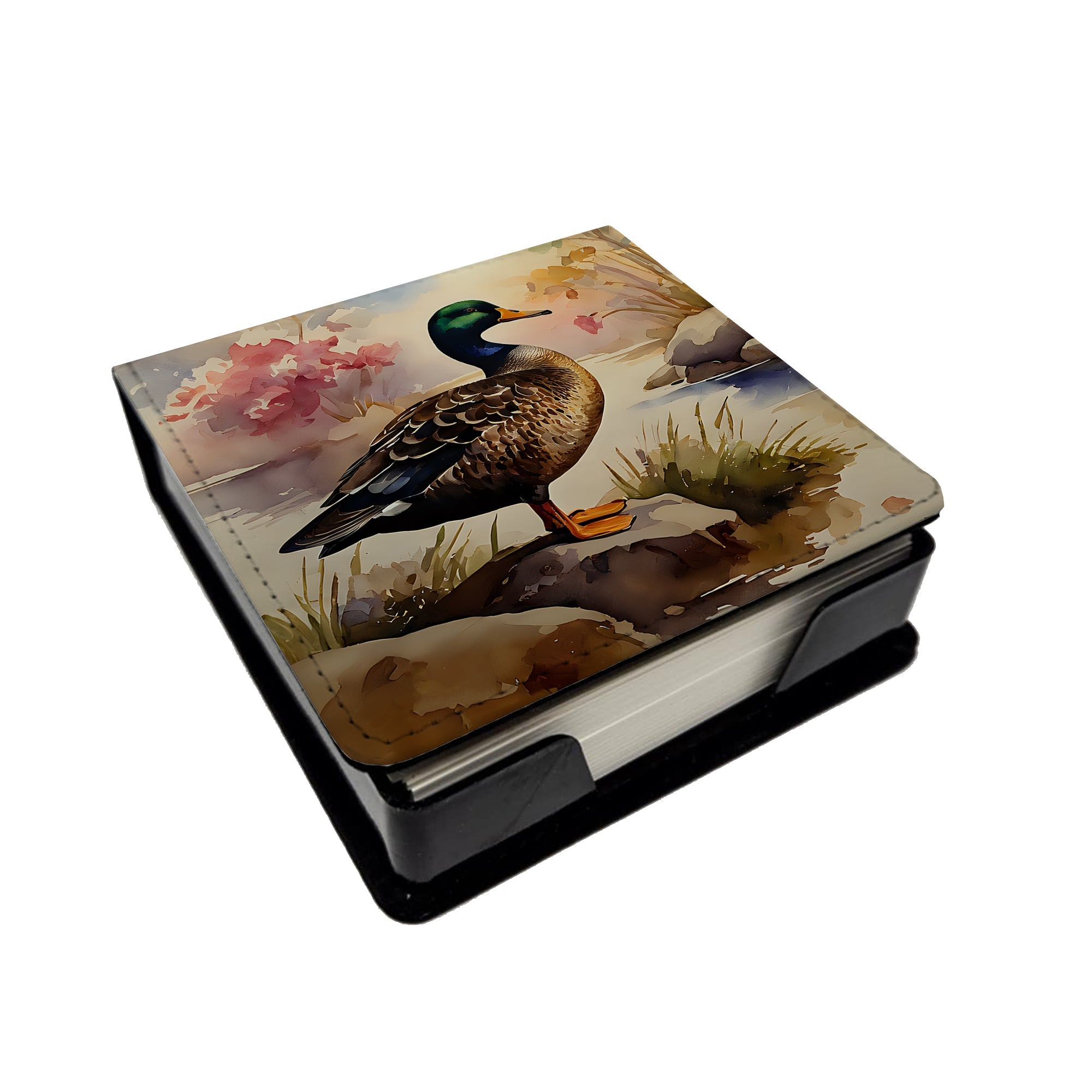 Mallard Duck Standing Lakeside PU Leather Note Paper Holder with Artist-Designed Cover, Desk Accessory, Office Gift