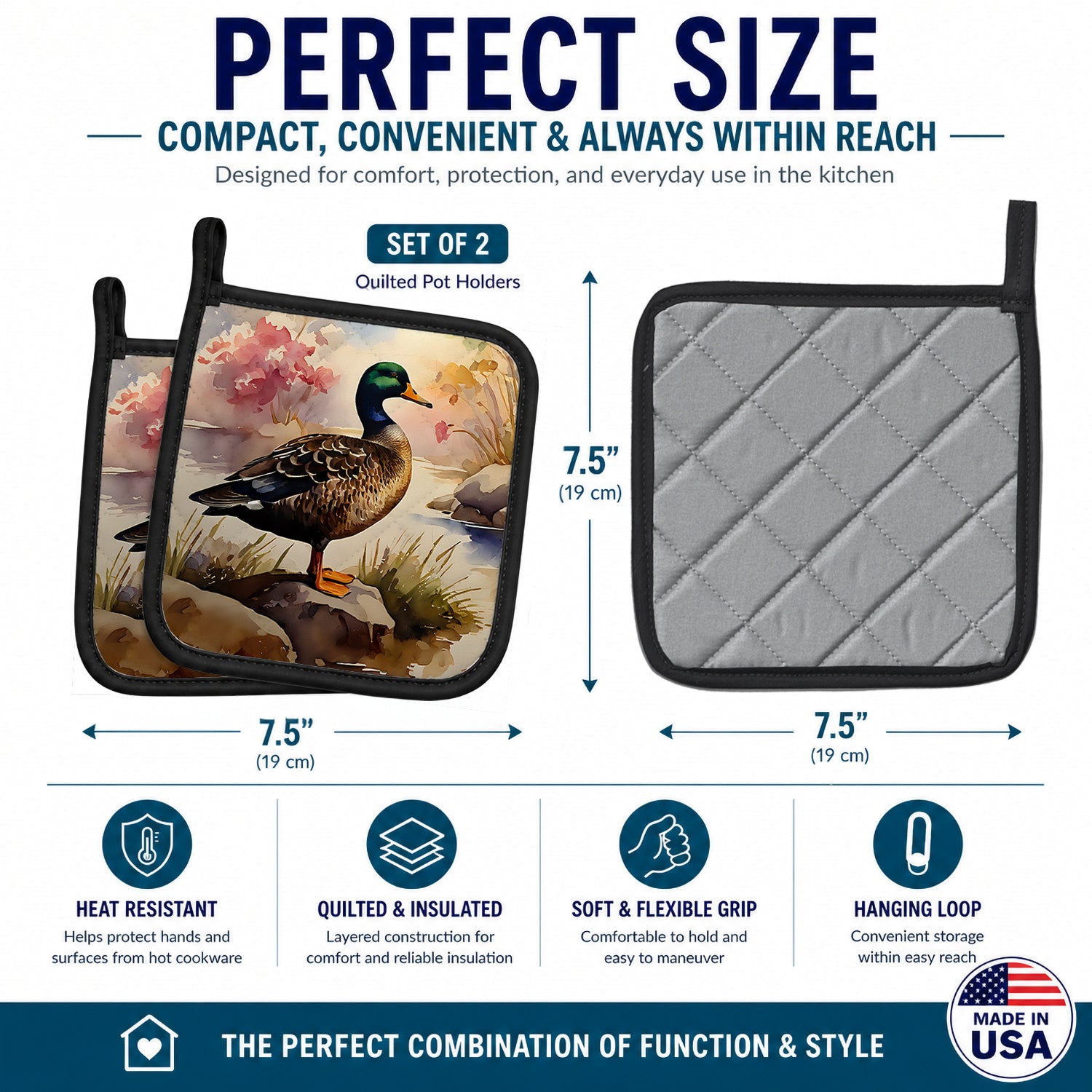 Mallard Duck Standing Lakeside Pot Holder Set of 2 Heat Resistant Quilted Hot Pads 7.5 x 7.5 Inch, Insulated Kitchen Trivets for Cooking & Baking