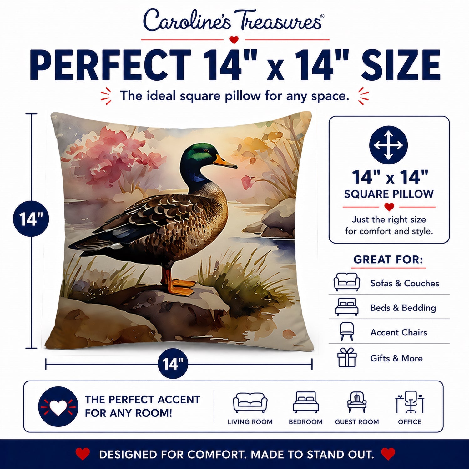 Mallard Duck Standing Lakeside Decorative Throw Pillow 14x14 Indoor Outdoor Accent Cushion, Fabric Cover with Insert for Sofa, Bed, Porch & Living Room