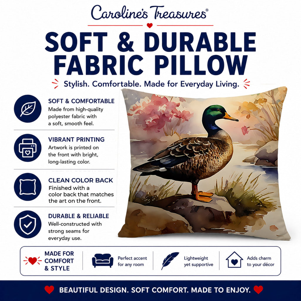 Mallard Duck Standing Lakeside Decorative Throw Pillow 18x18 Indoor Outdoor Accent Cushion, Fabric Cover with Insert for Sofa, Bed, Porch & Living Room