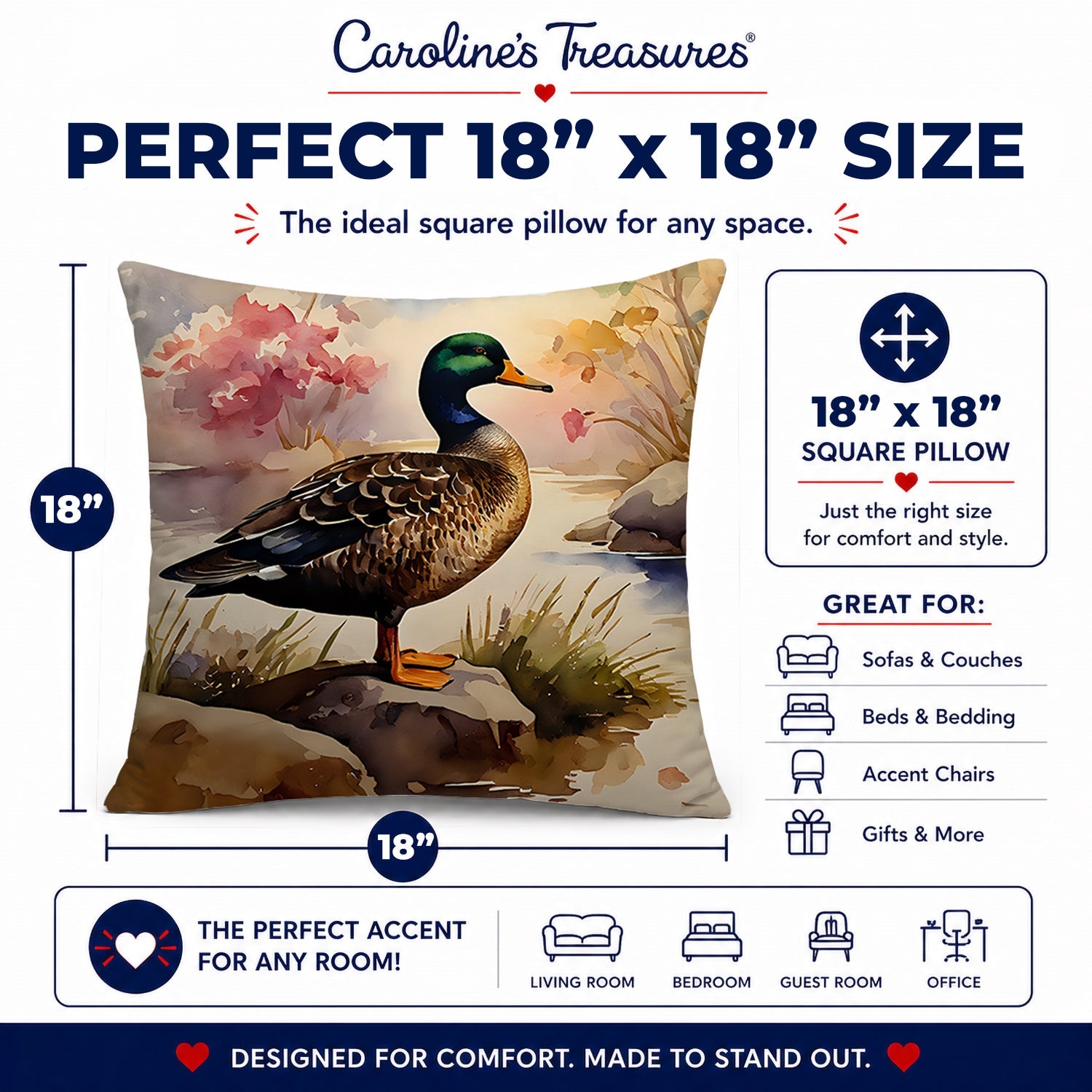 Mallard Duck Standing Lakeside Decorative Throw Pillow 18x18 Indoor Outdoor Accent Cushion, Fabric Cover with Insert for Sofa, Bed, Porch & Living Room