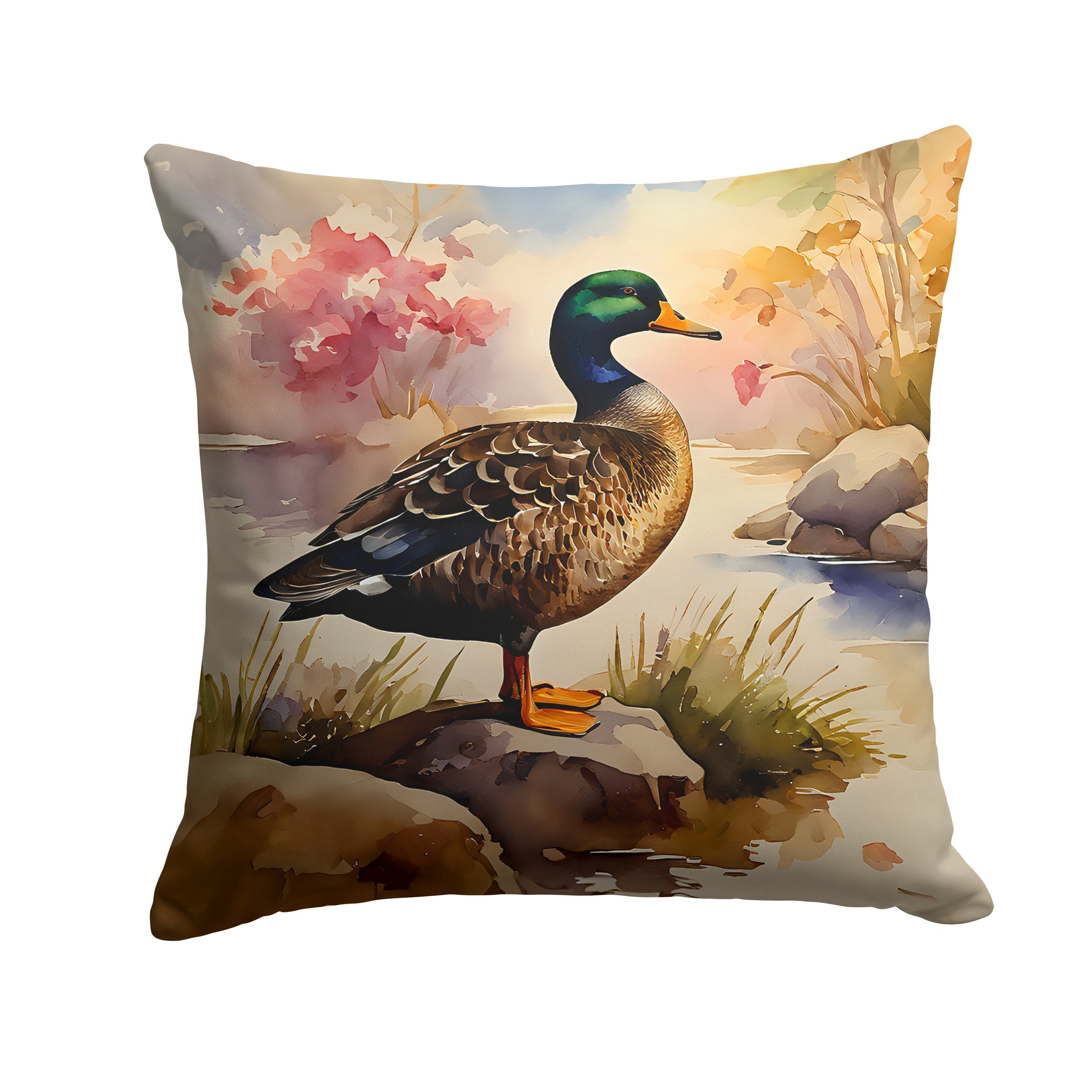 Mallard Duck Standing Lakeside Decorative Throw Pillow 18x18 Indoor Outdoor Accent Cushion, Fabric Cover with Insert for Sofa, Bed, Porch & Living Room