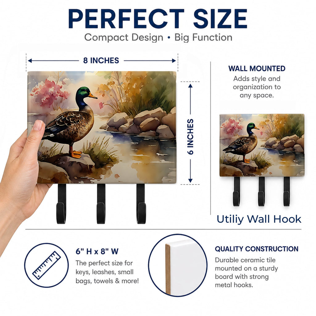 Mallard Duck Standing Lakeside Leash or Key Holder Wall Hooks, Coat Rack Wall Mount, for Hanging Keys, Towels, Aprons, Leashes