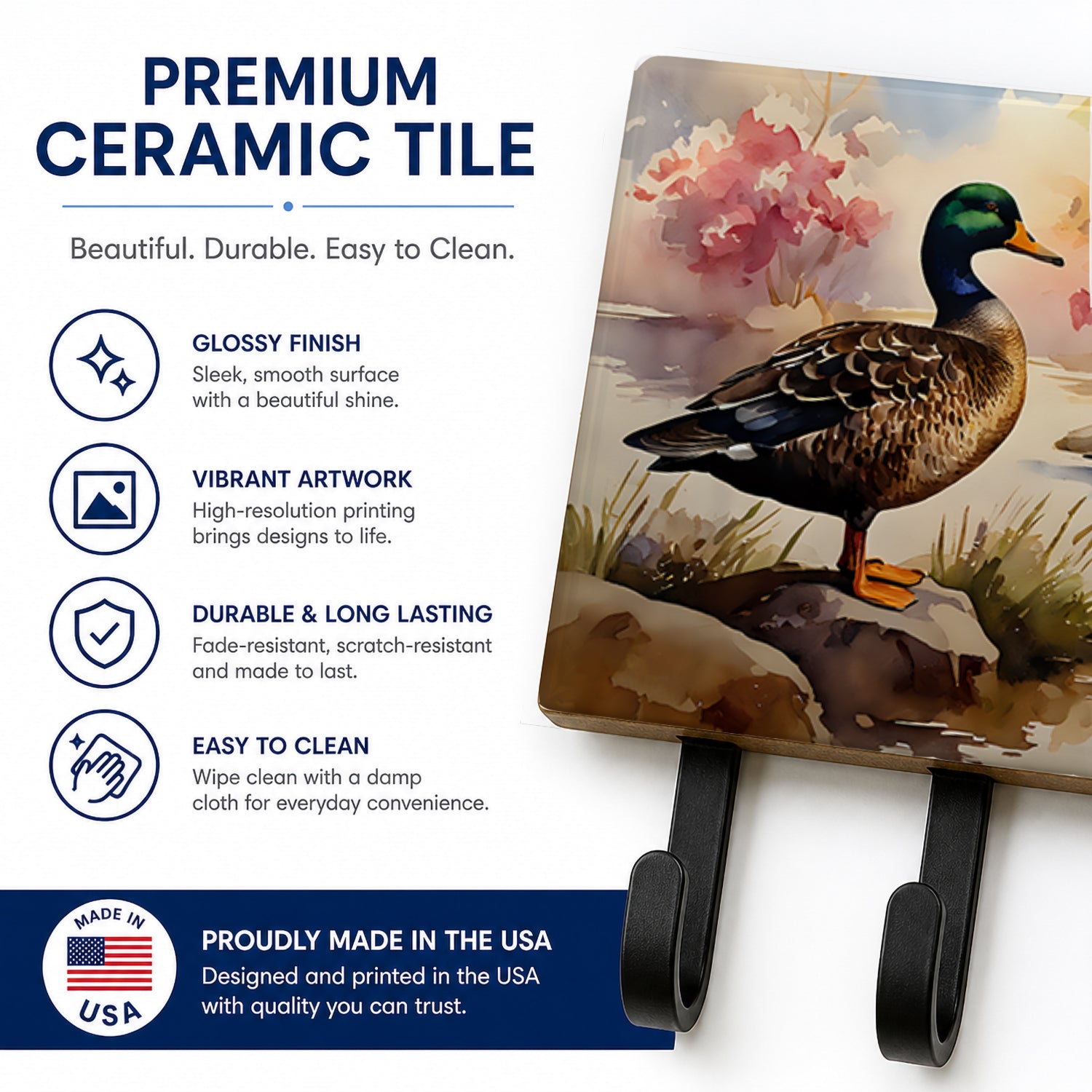 Mallard Duck Standing Lakeside Leash or Key Holder Wall Hooks, Coat Rack Wall Mount, for Hanging Keys, Towels, Aprons, Leashes