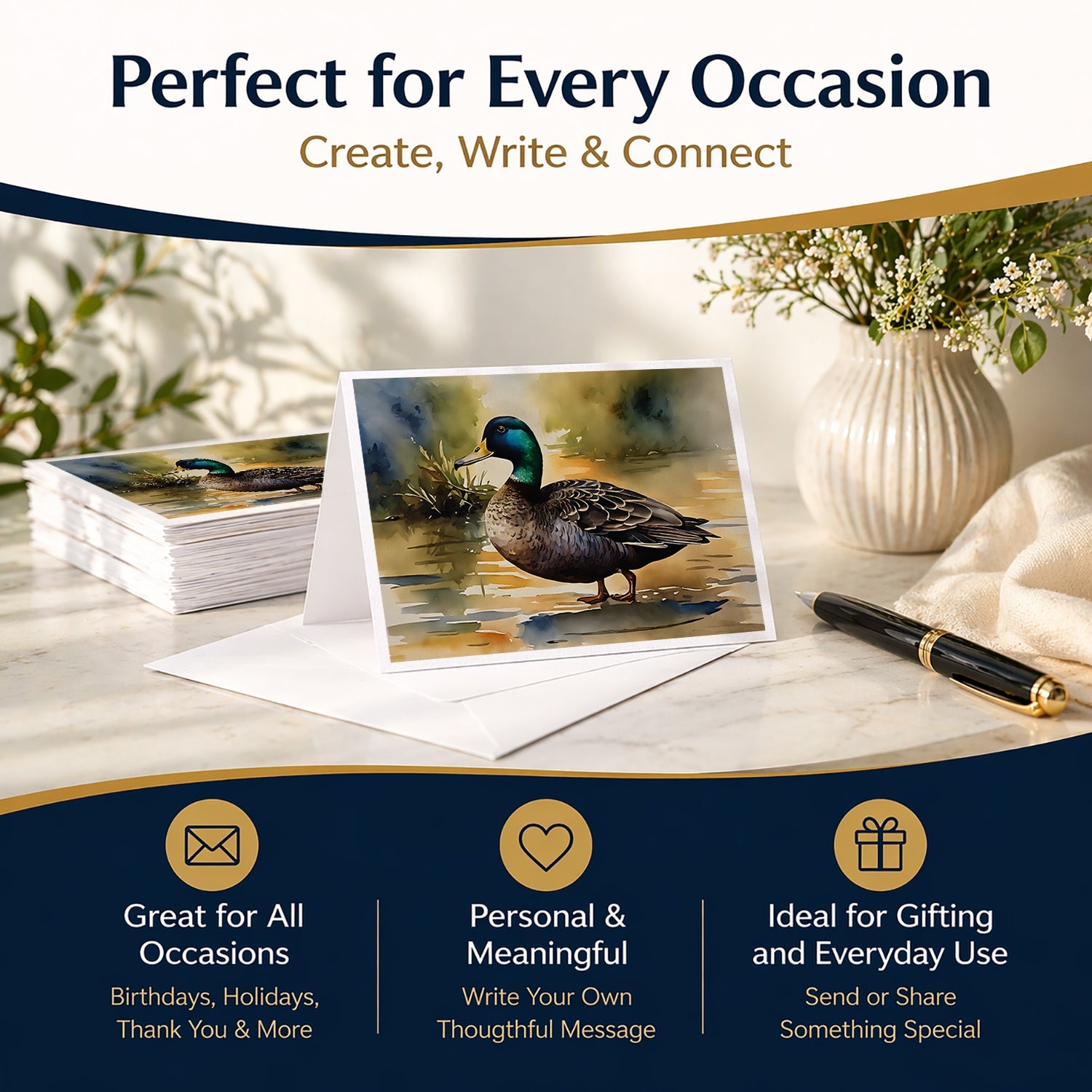 Mallard Duck Shoreline Greeting Cards Pack of 8 Blank Cards with Envelopes Whimsical A7 Size 5x7