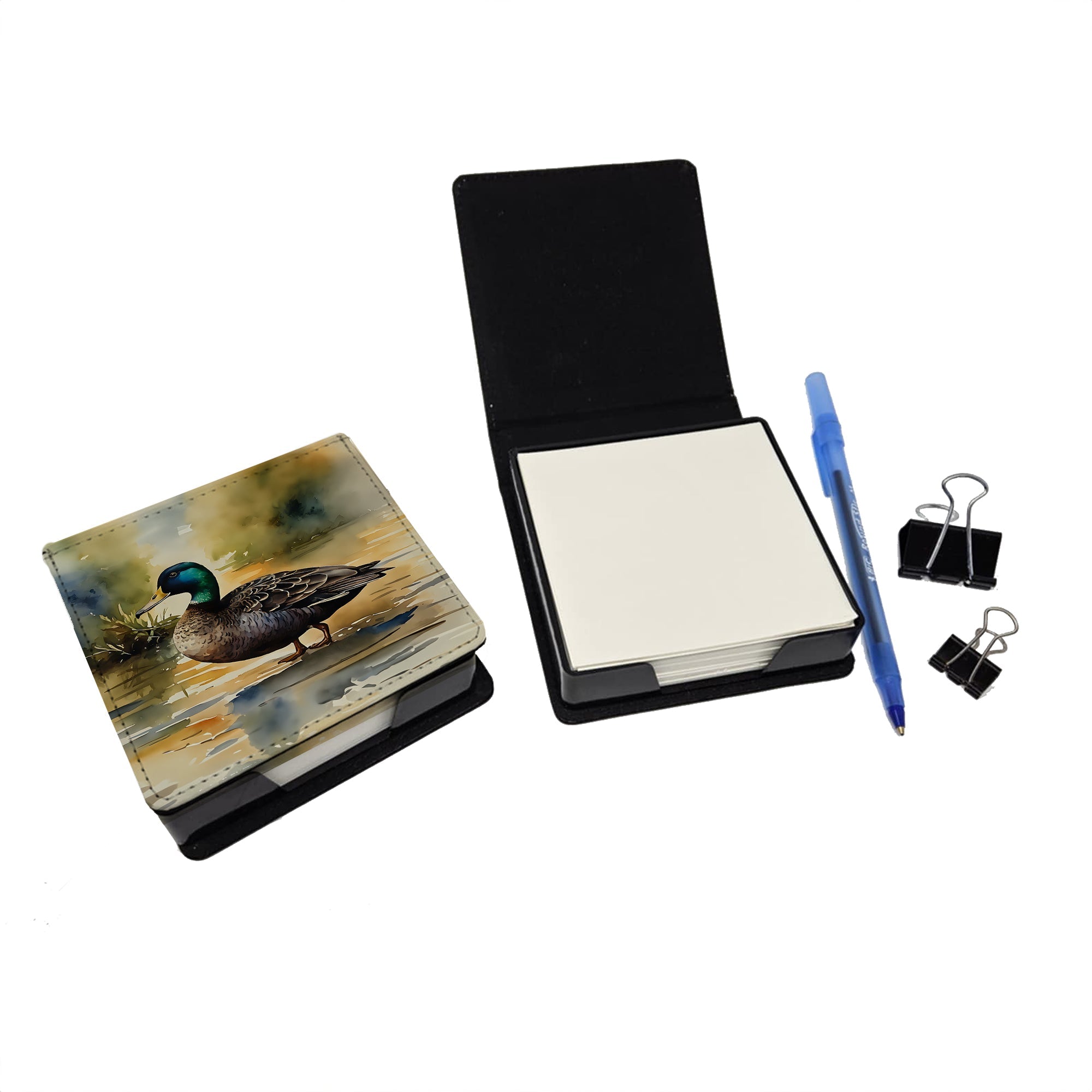 Mallard Duck Shoreline PU Leather Note Paper Holder with Artist-Designed Cover, Desk Accessory, Office Gift