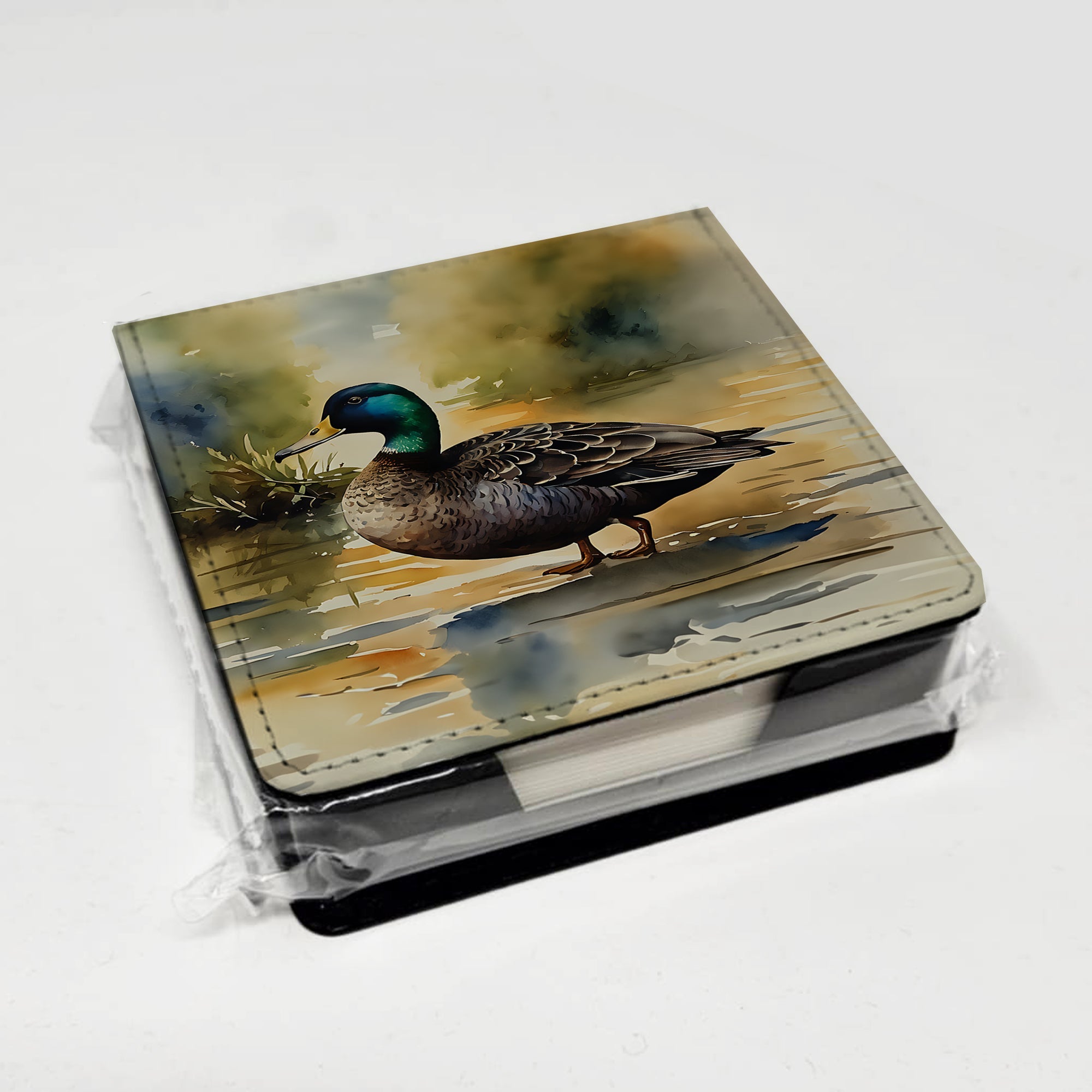 Mallard Duck Shoreline PU Leather Note Paper Holder with Artist-Designed Cover, Desk Accessory, Office Gift