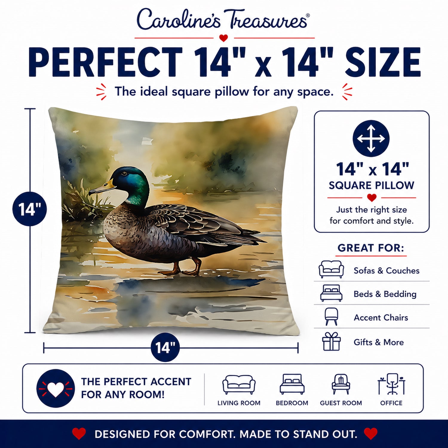 Mallard Duck Shoreline Decorative Throw Pillow 14x14 Indoor Outdoor Accent Cushion, Fabric Cover with Insert for Sofa, Bed, Porch & Living Room
