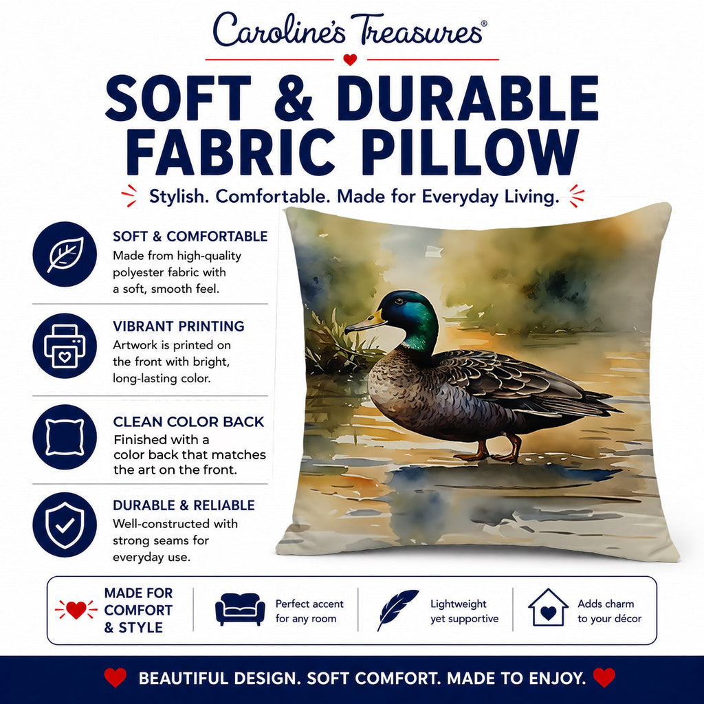 Mallard Duck Shoreline Decorative Throw Pillow 18x18 Indoor Outdoor Accent Cushion, Fabric Cover with Insert for Sofa, Bed, Porch & Living Room