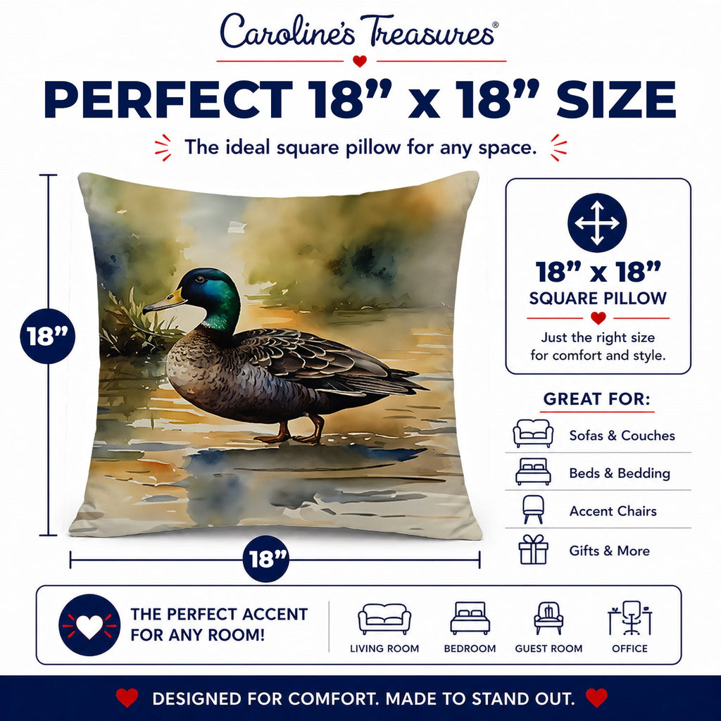 Mallard Duck Shoreline Decorative Throw Pillow 18x18 Indoor Outdoor Accent Cushion, Fabric Cover with Insert for Sofa, Bed, Porch & Living Room
