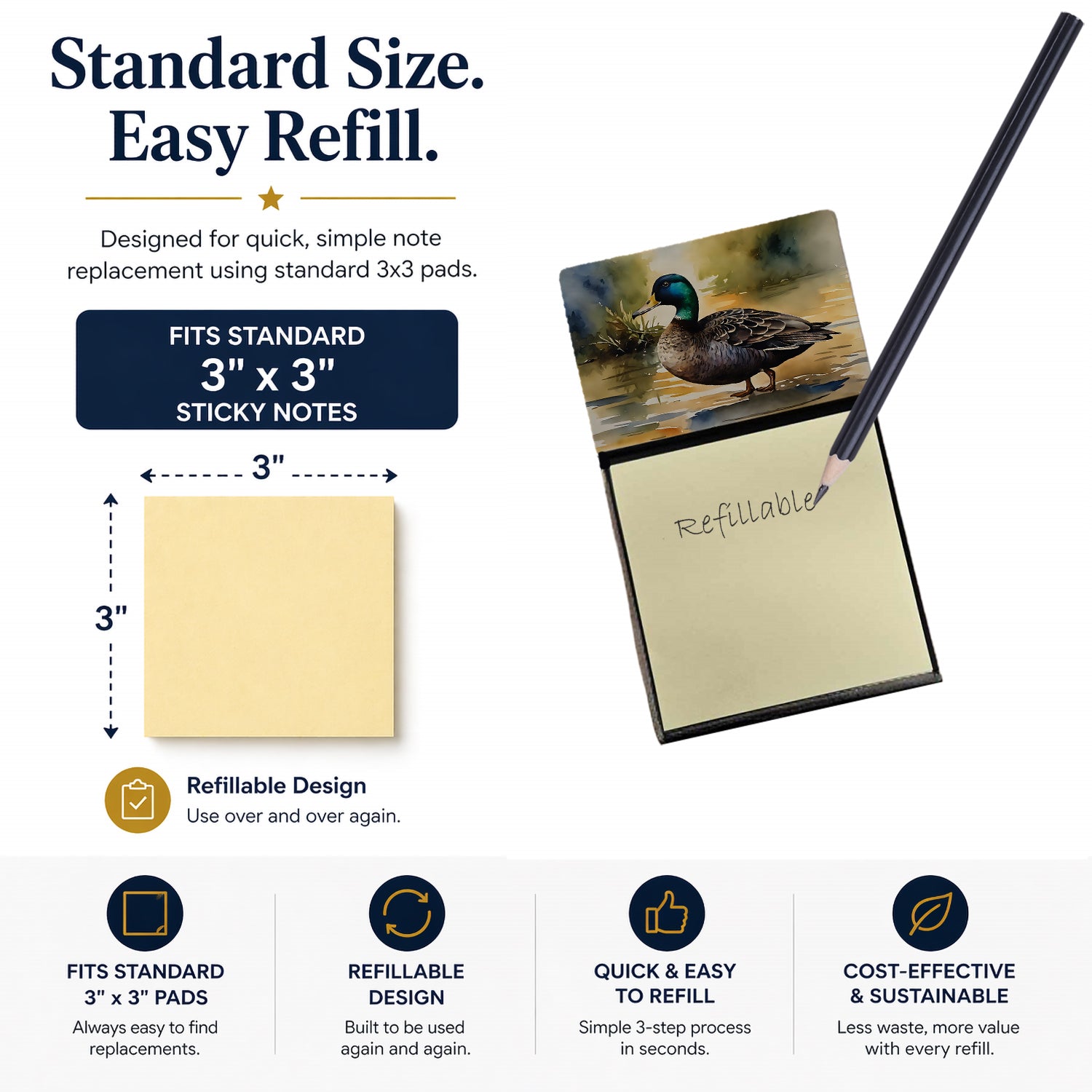 Mallard Duck Shoreline Watercolor Sticky Note Holder Refillable Dispenser Desk Accessory 3x3 Pad Gift