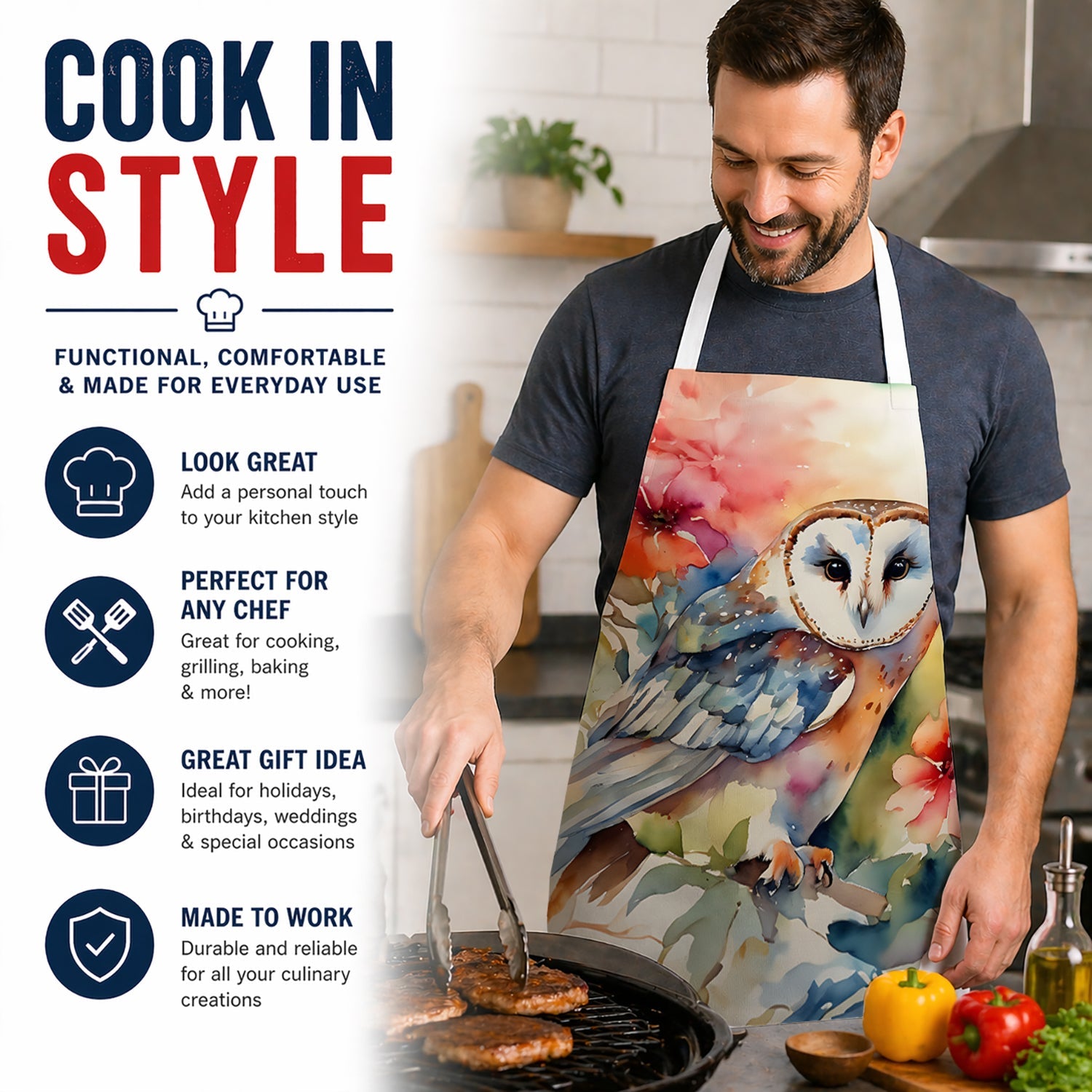 Barn Owl with Flowers Apron Cooking Kitchen Server Baking Crafts Gardening for Adult Women Men, Unisex, Large, Multicolor