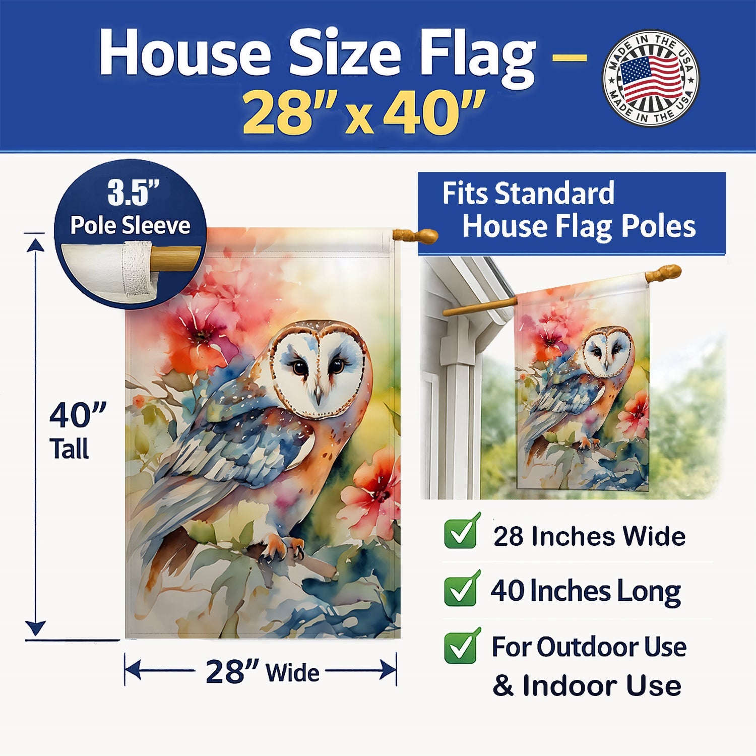 Barn Owl with Flowers House Flag 28x40 Porch Sleeve Pole Decorative Outside Yard Banner Artwork Wall Hanging, Polyester