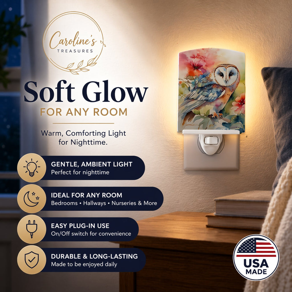 Barn Owl with Flowers Ceramic Night Light Compact, UL-Certified, Ideal for Bedroom, Bathroom, Nursery, Hallway, Kitchen, 6x4x3, Multicolor
