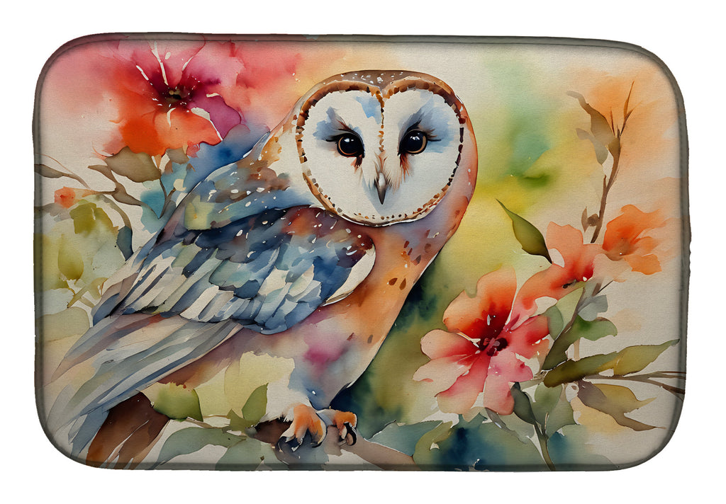 Barn Owl with Flowers Dish Drying Mat Absorbent Dish Drying Mat Pad for Kitchen Counter Dish Drainer Mat for Countertop, 14 x 21", Multicolor