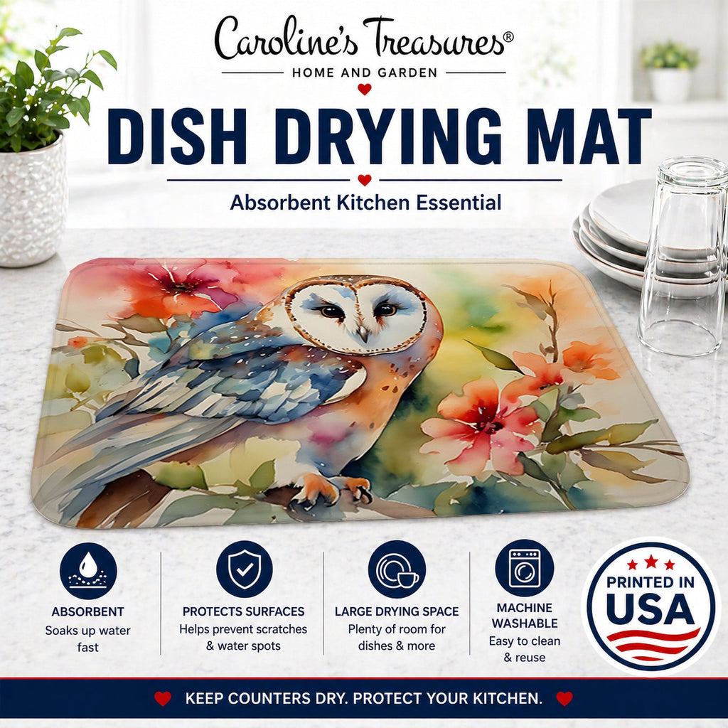Barn Owl with Flowers Dish Drying Mat Absorbent Dish Drying Mat Pad for Kitchen Counter Dish Drainer Mat for Countertop, 14 x 21", Multicolor
