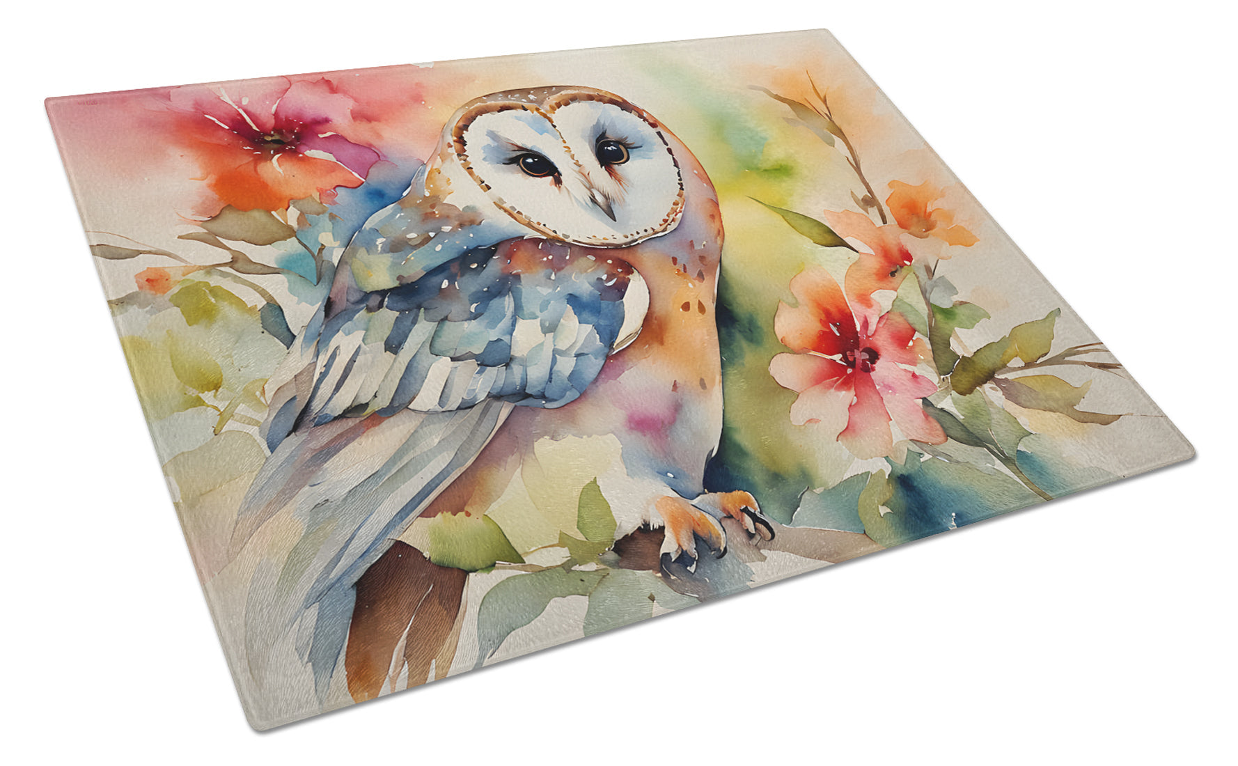 Barn Owl with Flowers Cutting Board Tempered Glass Kitchen Cutting Surface, Heat Resistant Chopping, Non-Slip Feet, Food Prep & Serving
