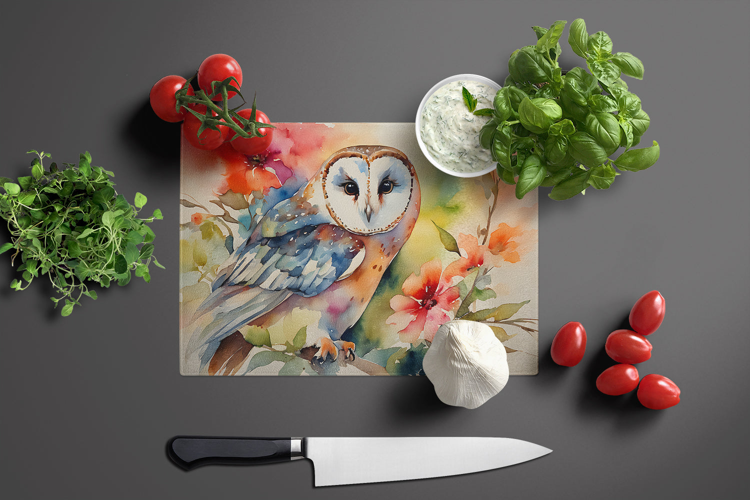 Barn Owl with Flowers Cutting Board Tempered Glass Kitchen Cutting Surface, Heat Resistant Chopping, Non-Slip Feet, Food Prep & Serving