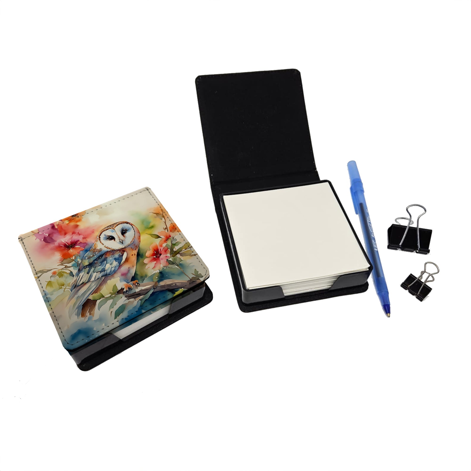 Barn Owl with Flowers PU Leather Note Paper Holder with Artist-Designed Cover, Desk Accessory, Office Gift