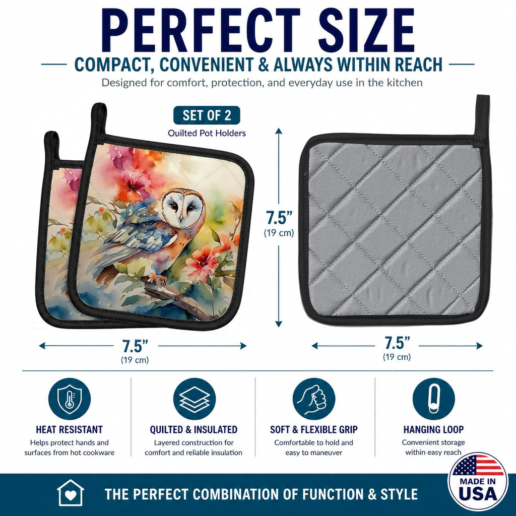 Barn Owl with Flowers Pot Holder Set of 2 Heat Resistant Quilted Hot Pads 7.5 x 7.5 Inch, Insulated Kitchen Trivets for Cooking & Baking