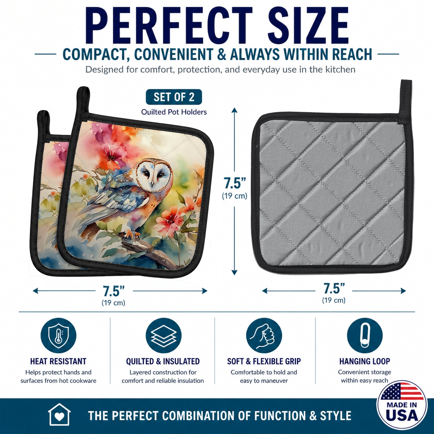 Barn Owl with Flowers Pot Holder Set of 2 Heat Resistant Quilted Hot Pads 7.5 x 7.5 Inch, Insulated Kitchen Trivets for Cooking & Baking