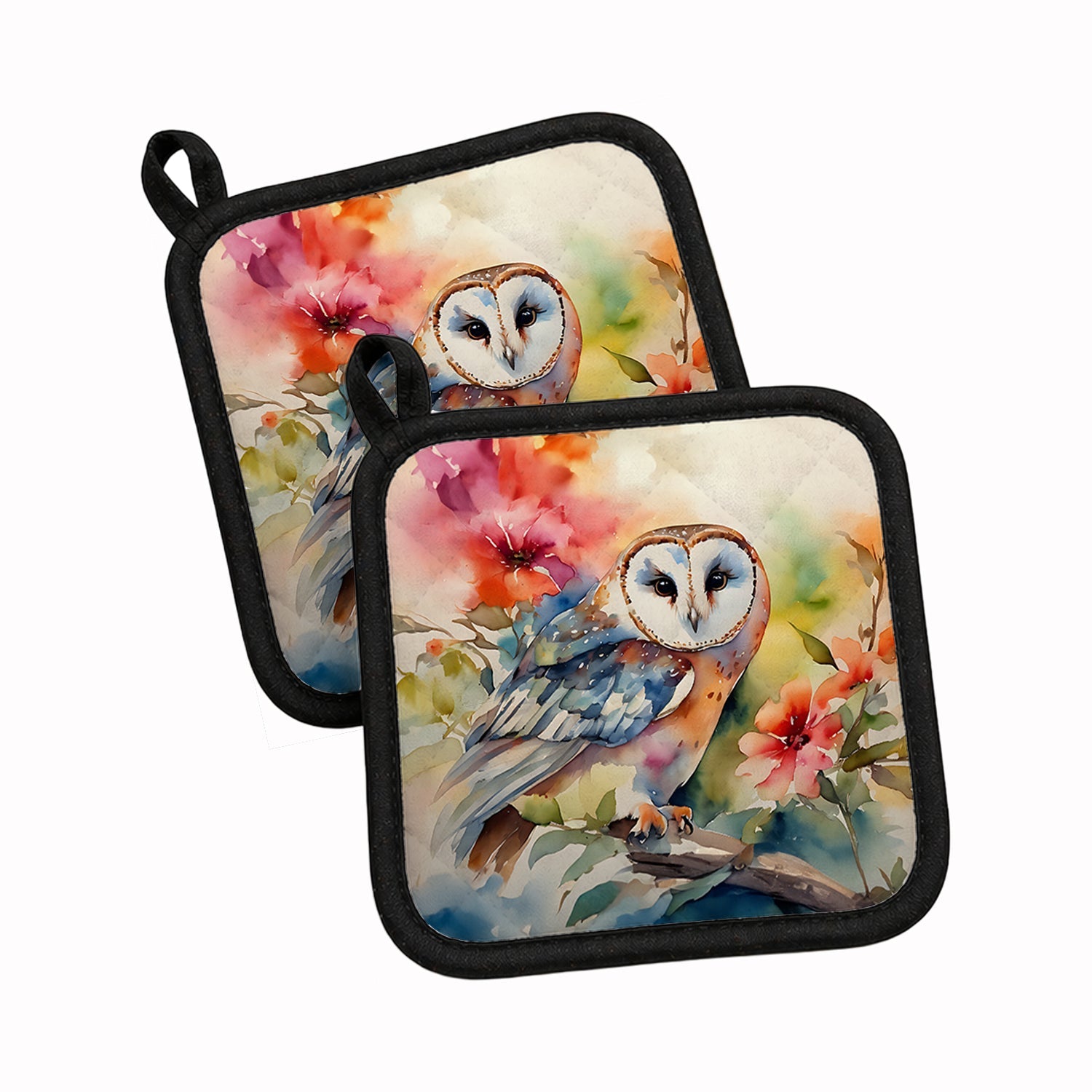 Barn Owl with Flowers Pot Holder Set of 2 Heat Resistant Quilted Hot Pads 7.5 x 7.5 Inch, Insulated Kitchen Trivets for Cooking & Baking