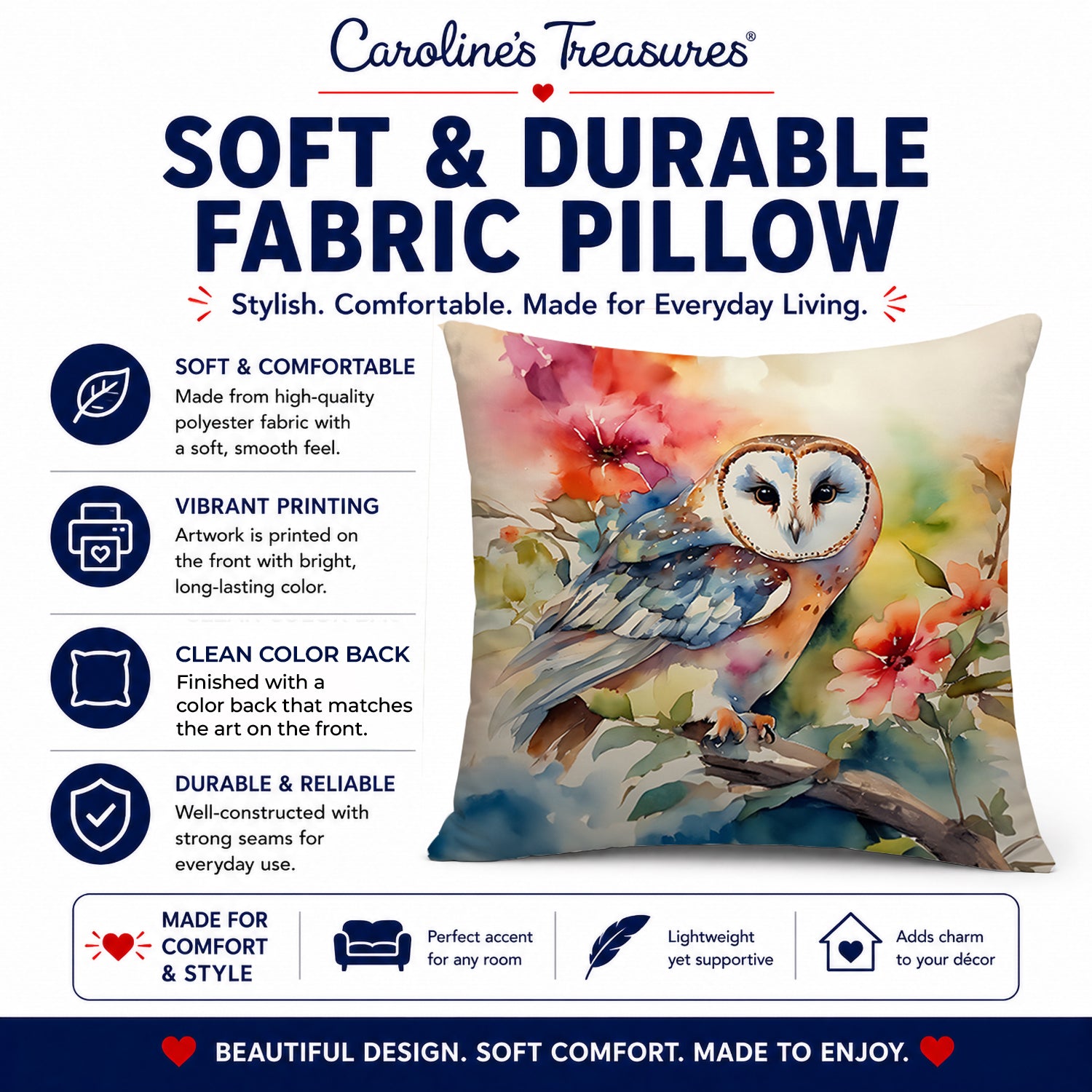 Barn Owl with Flowers Decorative Throw Pillow 14x14 Indoor Outdoor Accent Cushion, Fabric Cover with Insert for Sofa, Bed, Porch & Living Room