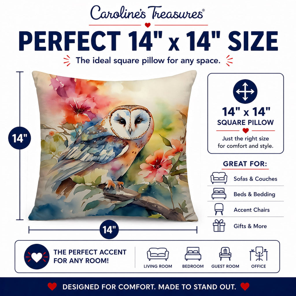 Barn Owl with Flowers Decorative Throw Pillow 14x14 Indoor Outdoor Accent Cushion, Fabric Cover with Insert for Sofa, Bed, Porch & Living Room