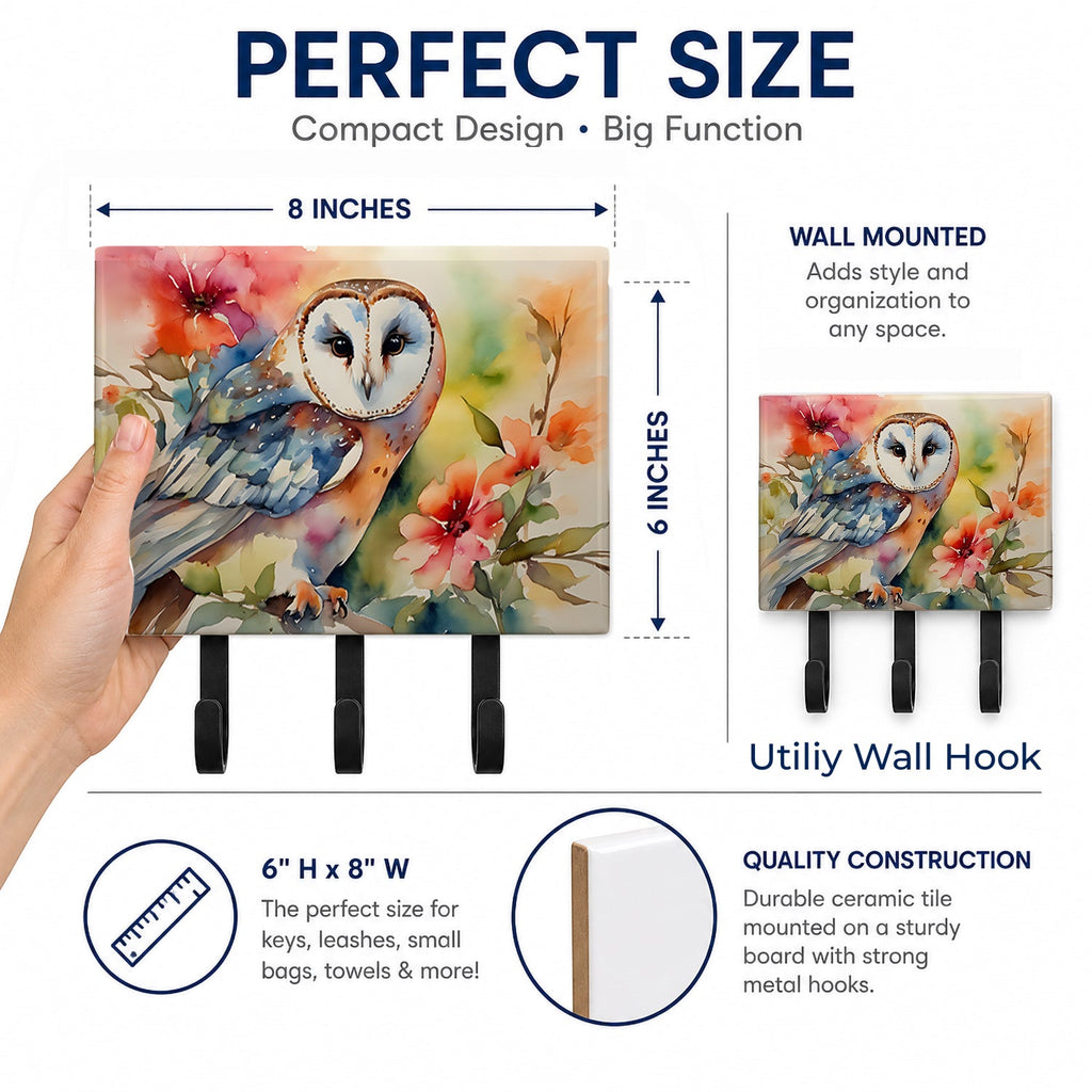 Barn Owl with Flowers Leash or Key Holder Wall Hooks, Coat Rack Wall Mount, for Hanging Keys, Towels, Aprons, Leashes