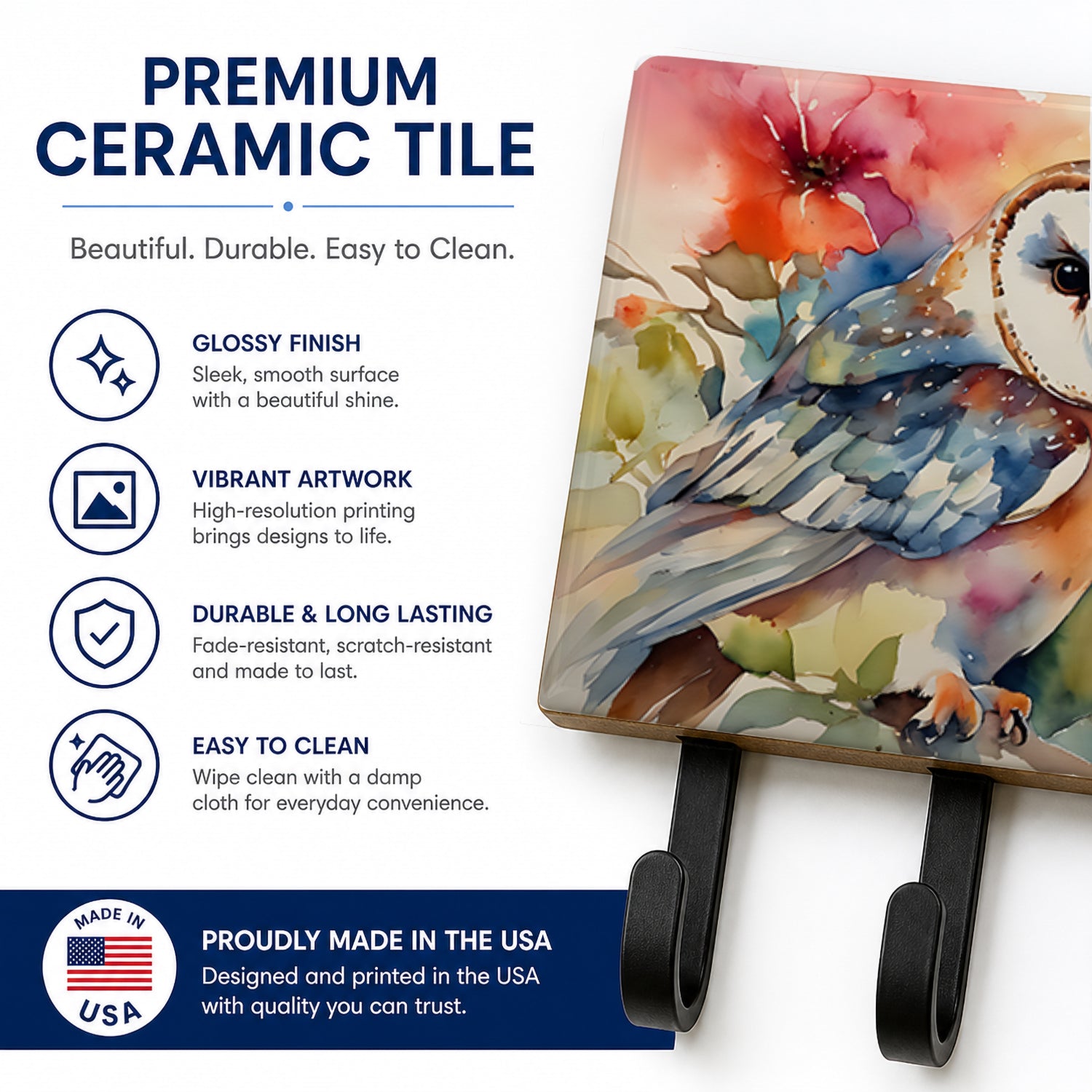 Barn Owl with Flowers Leash or Key Holder Wall Hooks, Coat Rack Wall Mount, for Hanging Keys, Towels, Aprons, Leashes