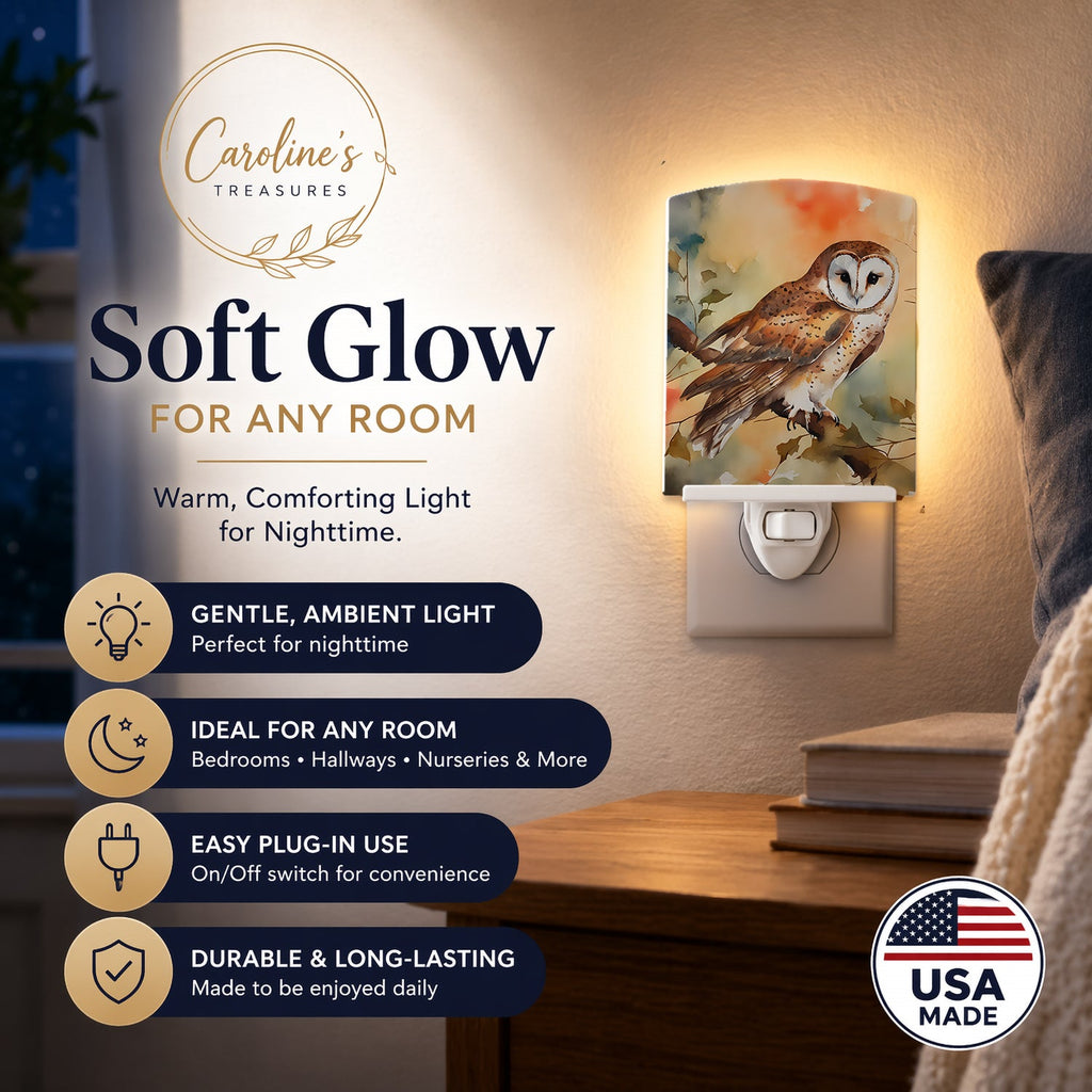 Perched Owl Woodland Wildlife Ceramic Night Light Compact, UL-Certified, Ideal for Bedroom, Bathroom, Nursery, Hallway, Kitchen, 6x4x3, Multicolor