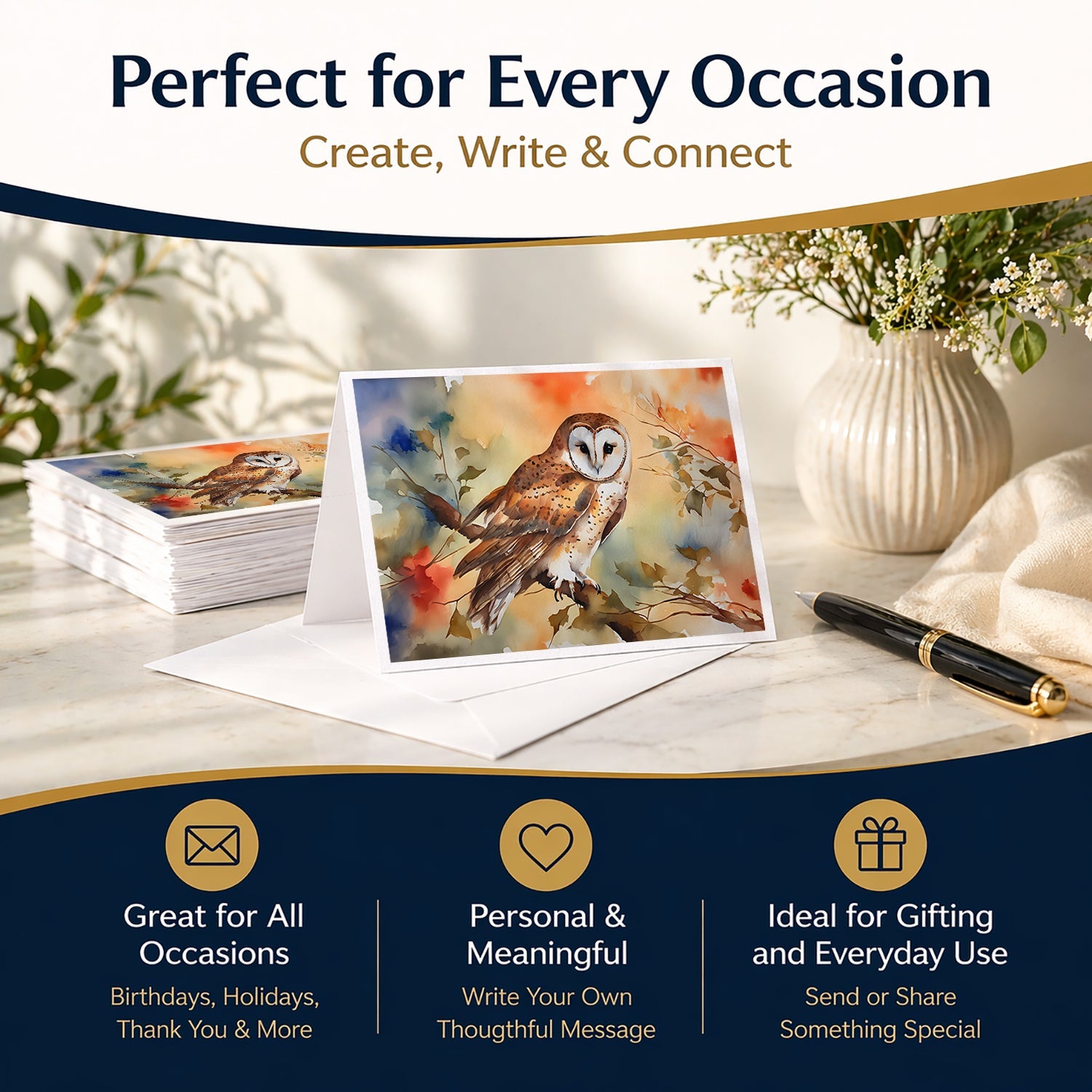 Perched Owl Woodland Wildlife Greeting Cards Pack of 8 Blank Cards with Envelopes Whimsical A7 Size 5x7