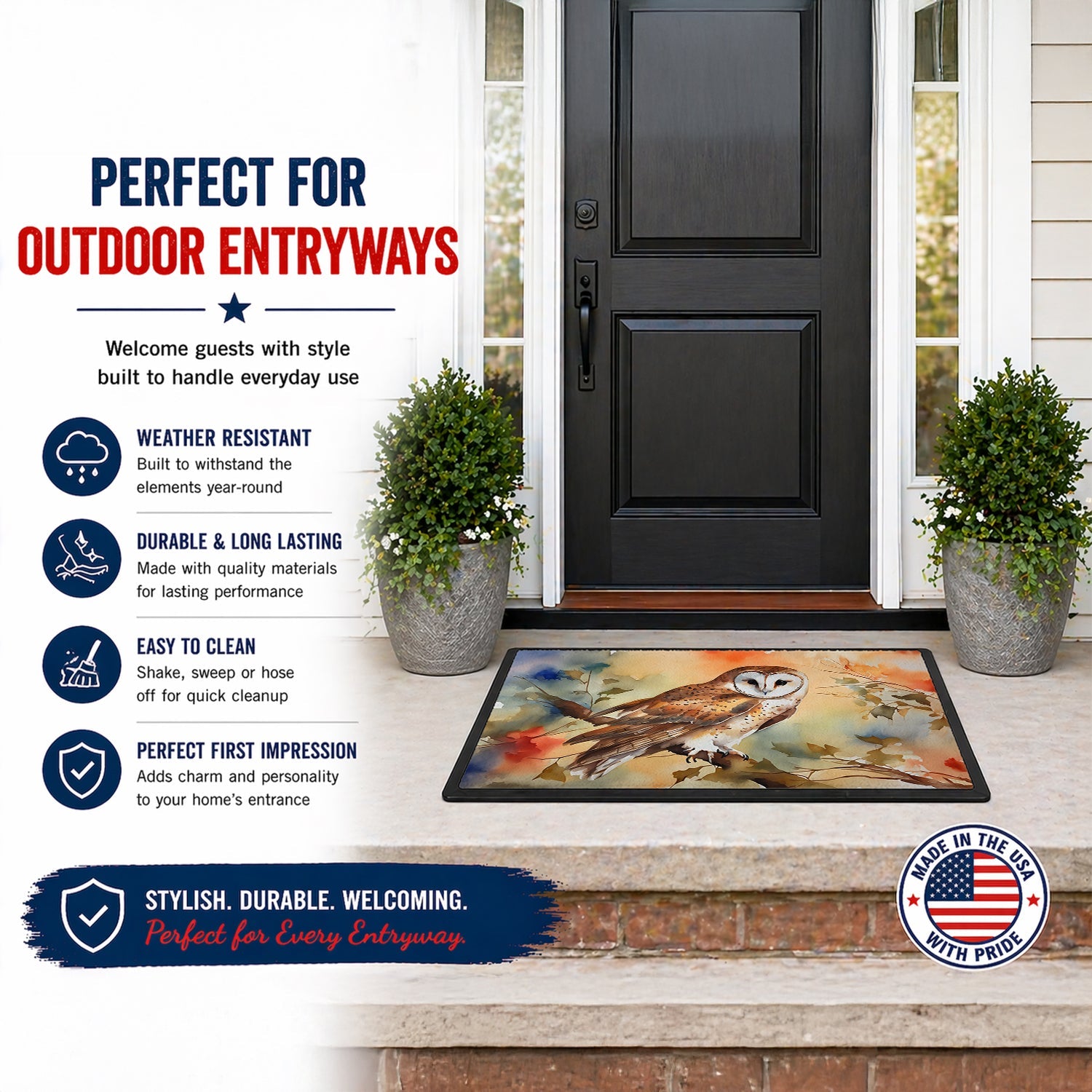 Perched Owl Woodland Wildlife Doormat Indoor Outdoor 18H X 27W Front Door Mat Rugs for Entryway, Non Slip Washable