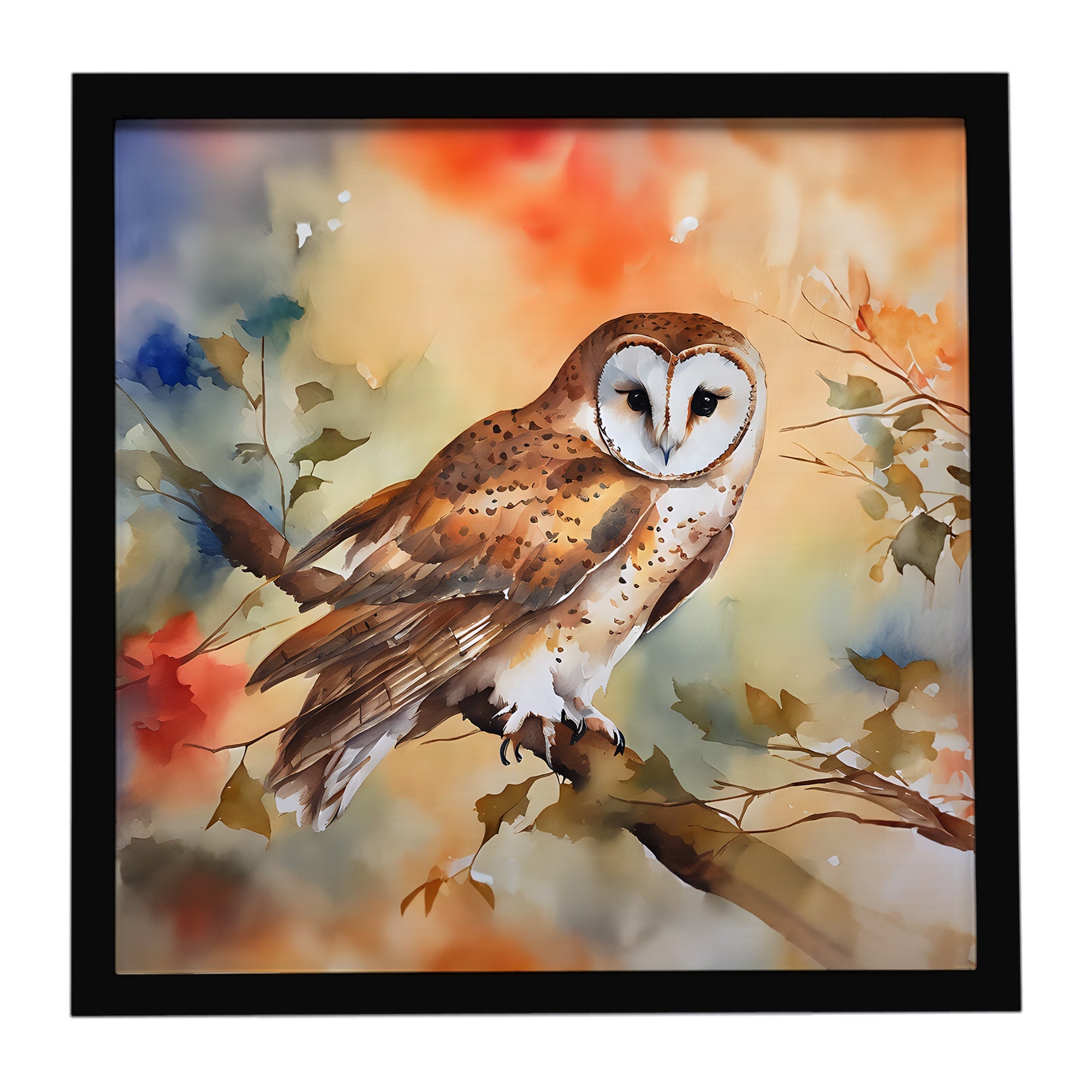 Perched Owl Woodland Wildlife Framed Metal Print Bathroom, Kitchen, Office, Home Decor Wall Art Ready to Hang, Square, 8X8