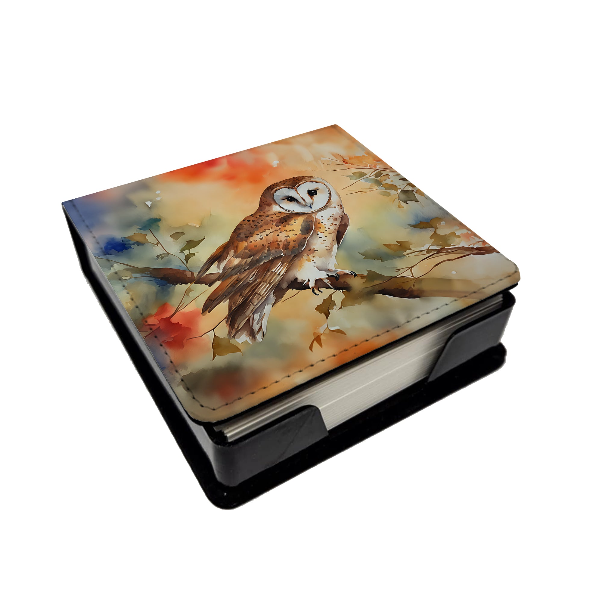 Perched Owl Woodland Wildlife PU Leather Note Paper Holder with Artist-Designed Cover, Desk Accessory, Office Gift
