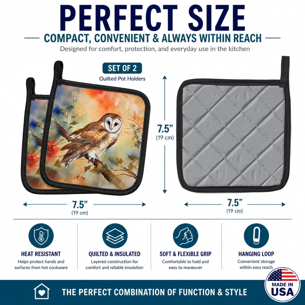 Perched Owl Woodland Wildlife Pot Holder Set of 2 Heat Resistant Quilted Hot Pads 7.5 x 7.5 Inch, Insulated Kitchen Trivets for Cooking & Baking